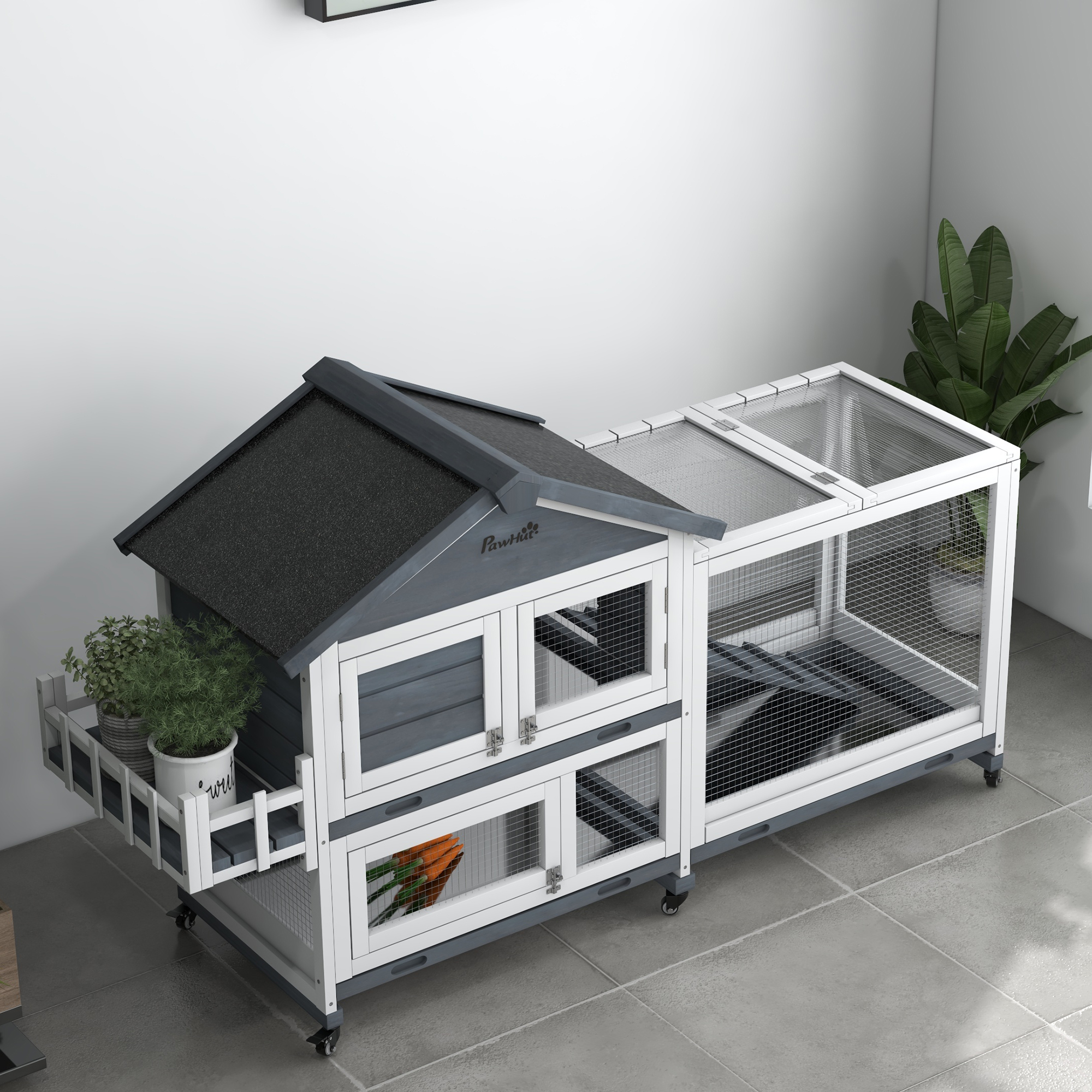  65" Wooden Rabbit Hutch, Pet Playpen with Openable Roof & Storage Box for Rabbits and Small Animals, Gray