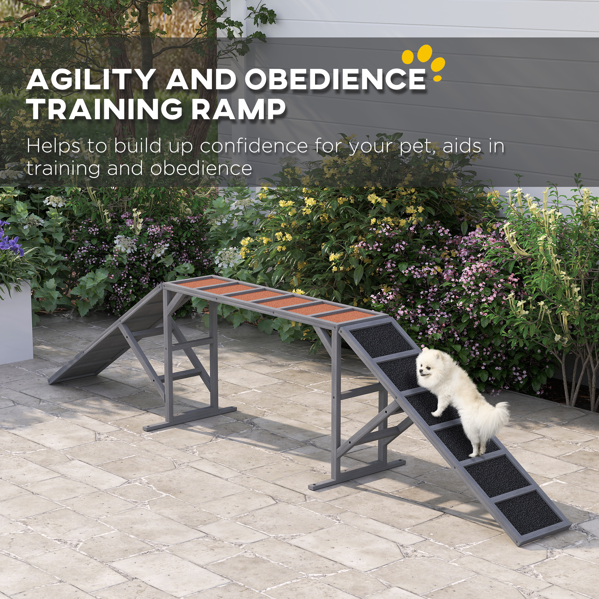  Dog Agility Equipment Ramp with Safety Bar, Non-slip Surface, for Walk and Pause Training, Gray