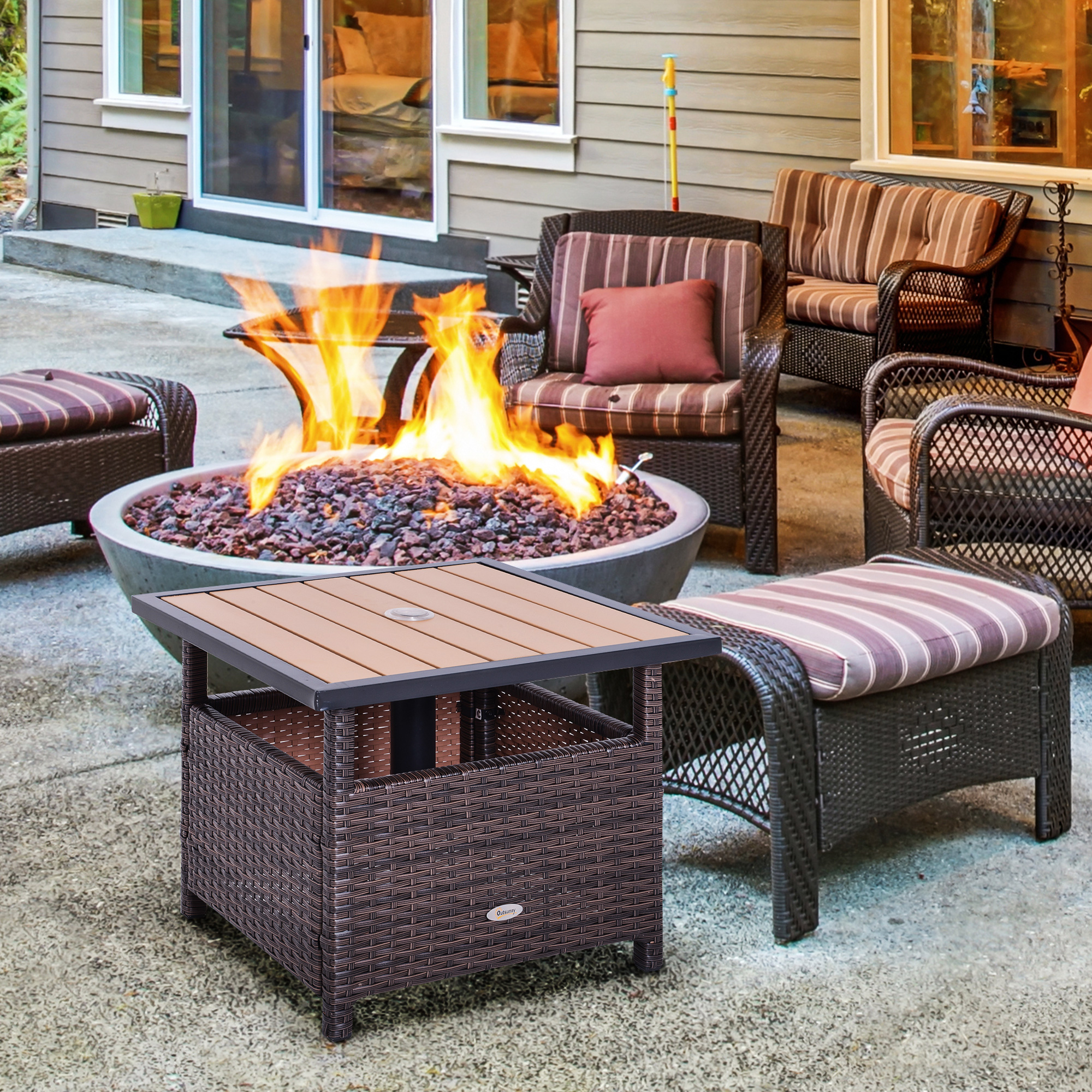 22" Outdoor Side Table with Umbrella Hole, Rattan Wicker End Table with Sand Bag and Steel Frame for Patio, Garden, Backyard, Brown & Light Yellow