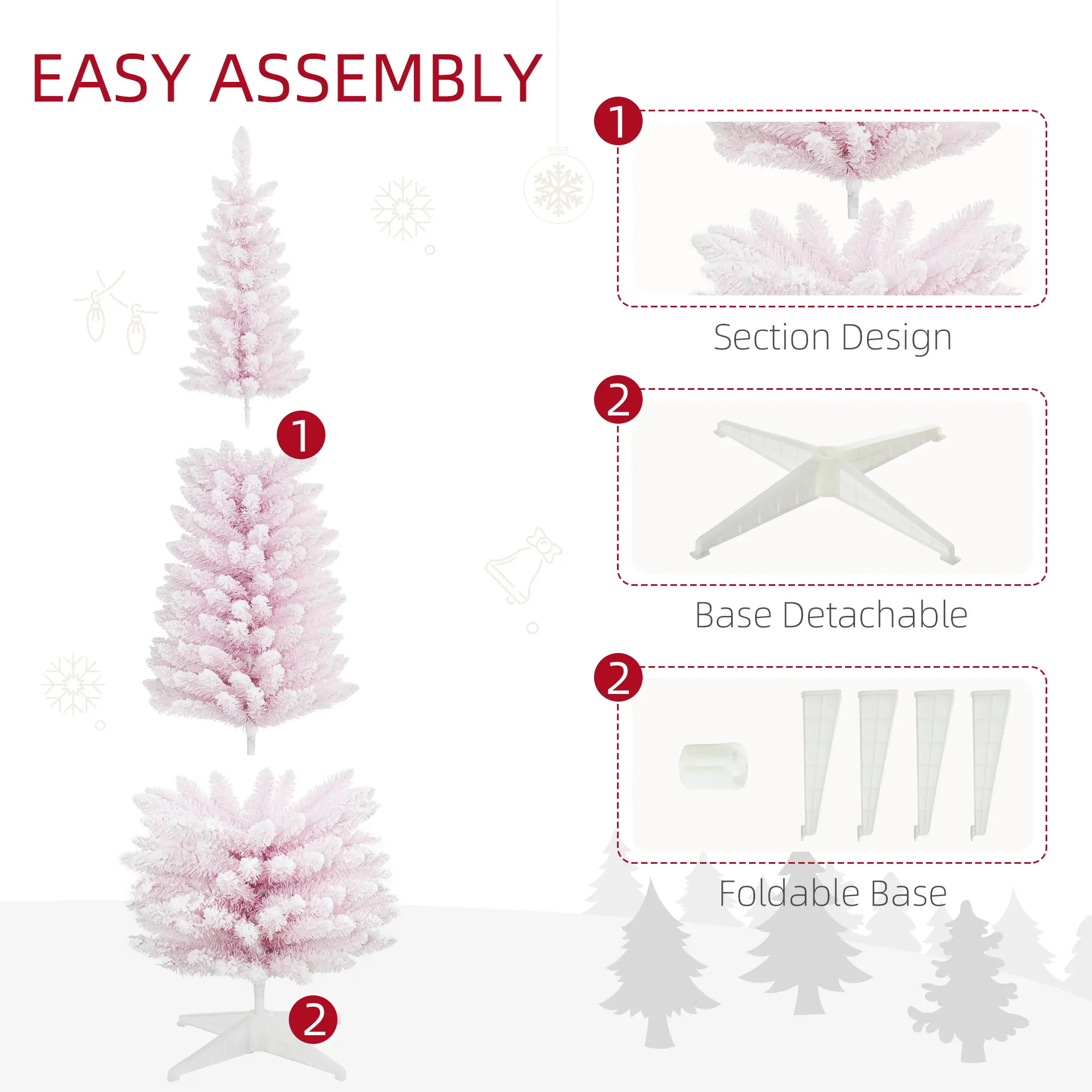 7 Decorated Christmas Tree Snow Flocked Artificial Christmas Tree with Pencil Shape, Realistic Branches, Pink