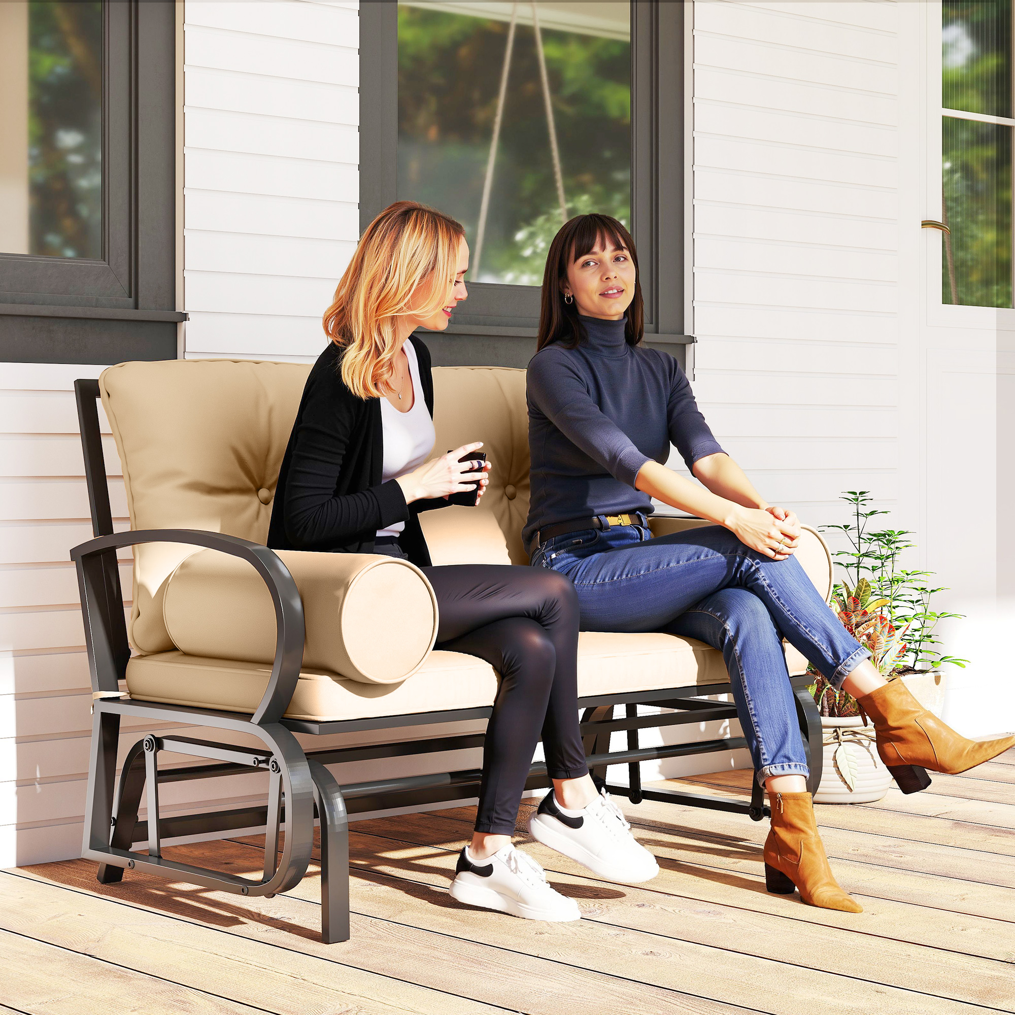  Swing Glider Rocking Chair, Double Patio Bench, 2 Person Loveseat with Steel Frame, Cushions, Pillow Armrests, Khaki
