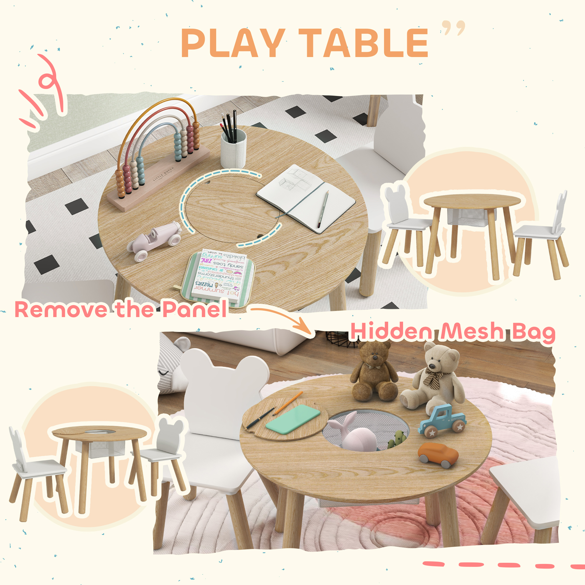 3-Piece Kids Activity Table Set With Centre Mesh Bag, Bear-Shaped Backrest — image 2