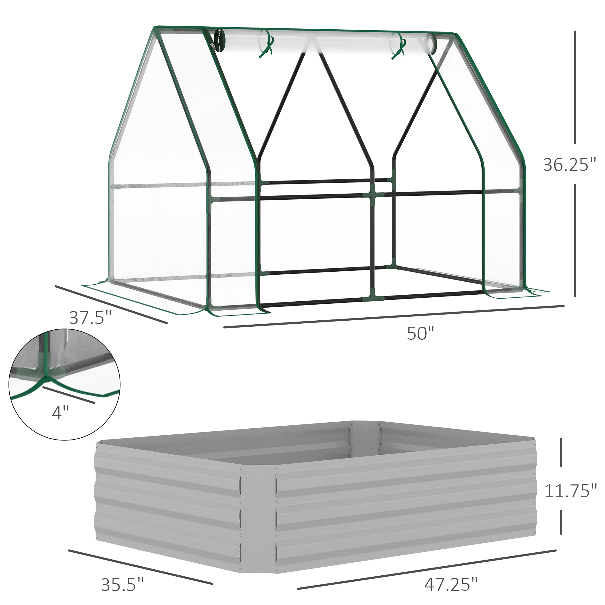 Raised Garden Bed with Cover, Outdoor Galvanized Metal Planter Box Kit, 4 x 3 ft Mini Greenhouse with 2 Large Screen Windows, for Growing Flowers, Vegetables and Herbs, Clear image 2