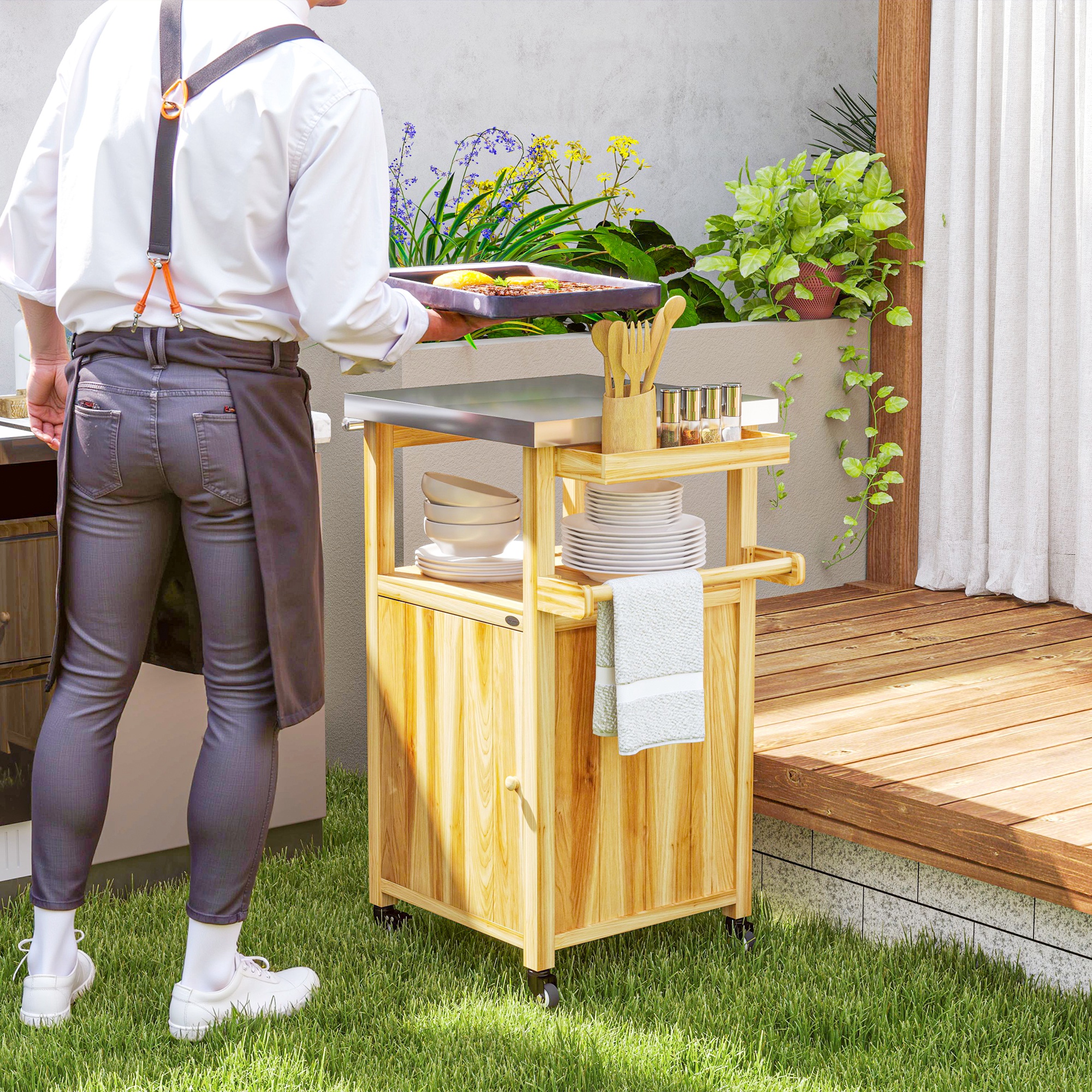 Outdoor Grill Cart w/ Stainless Steel Top, Solid Wood Outdoor Kitchen Island w/ Wheels, Integrated Hole, Natural Wood