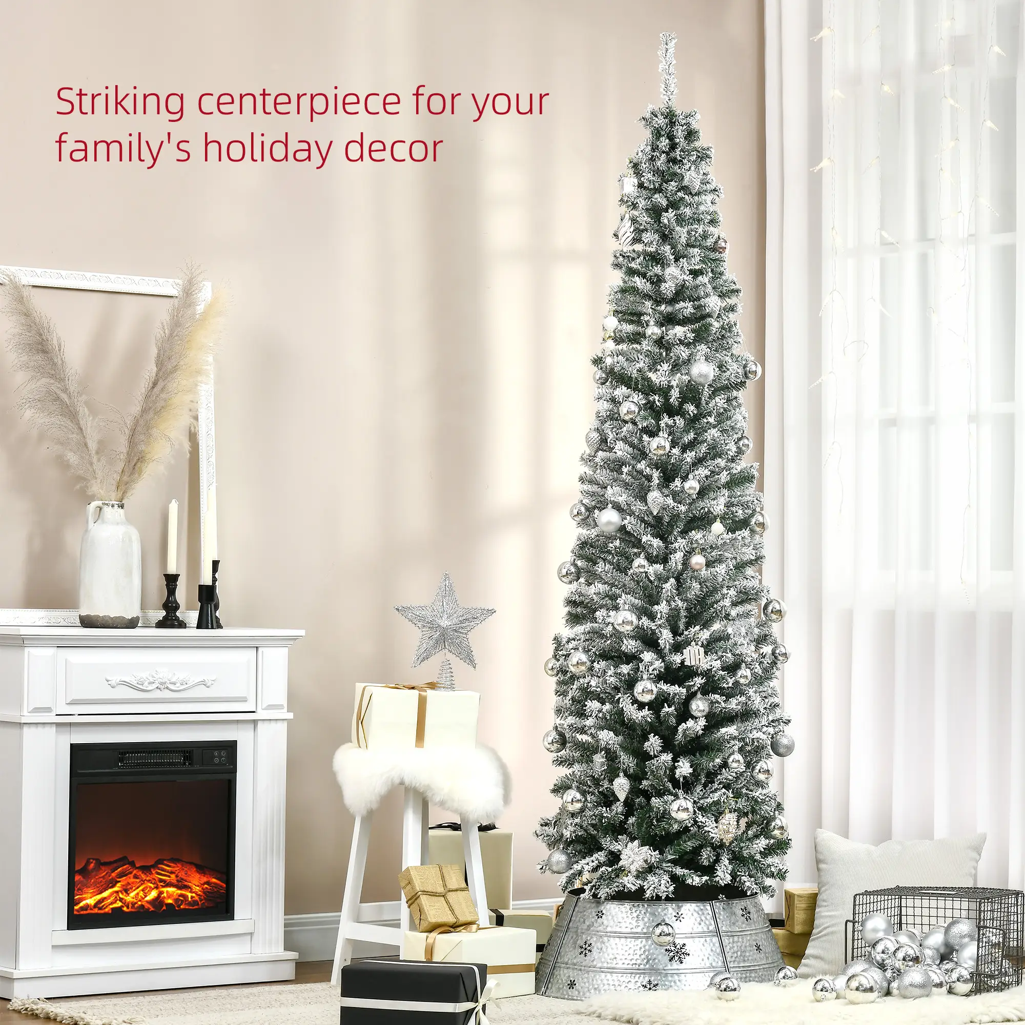 HOMOM 7.5ft Flocked Christmas Tree, Pencil Artificial Xmas Tree with Faux Snow, Dense Branches, Foldable Metal Base for Indoor Holiday Decor