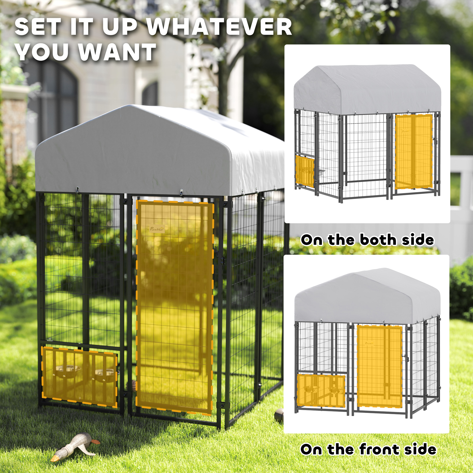  Welded Wire Outdoor Dog Kennel with 360° Rotating & 4 Levels Adjustable Bowls, Waterproof Cover, 3.9' x 3.9' x 4.5'