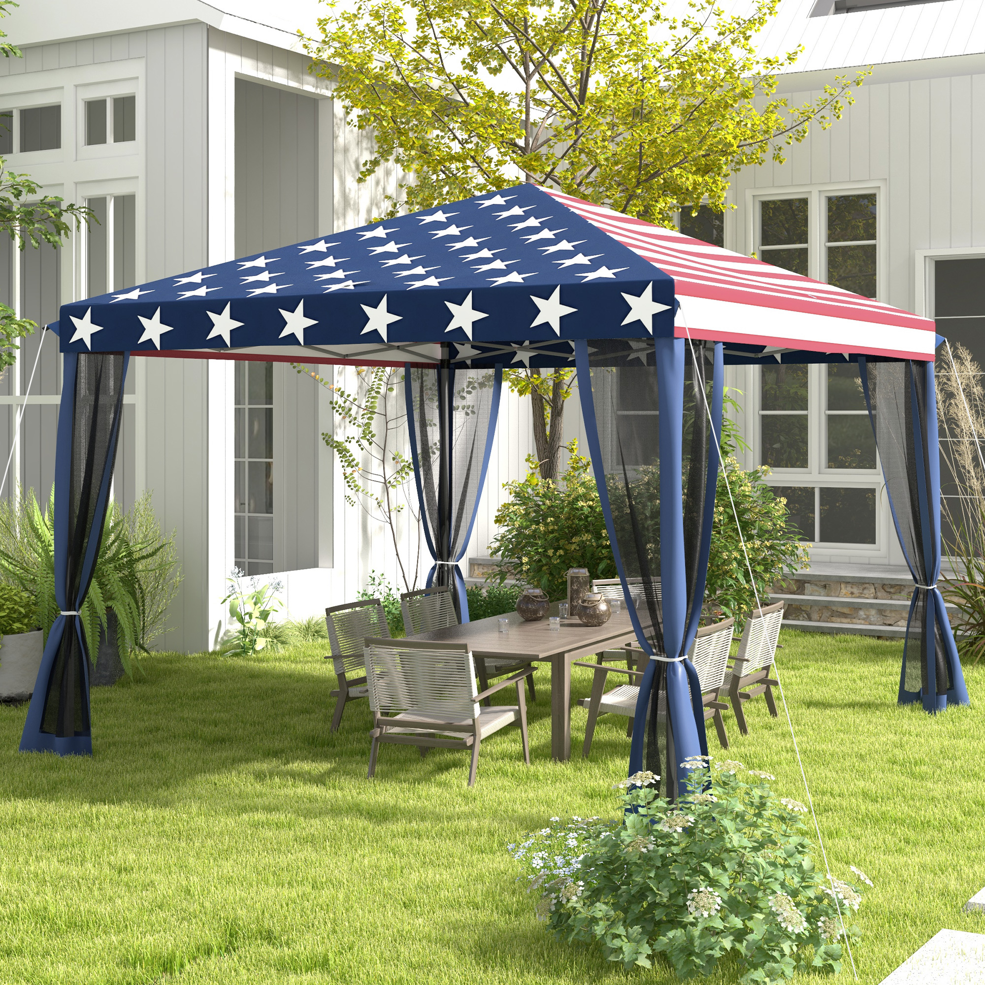 10 x 10 Outdoor Pop-Up Canopy with Sidewalls, Mesh Walls, Instant Setup for Party, Events, Patio, Lawn, American Flag