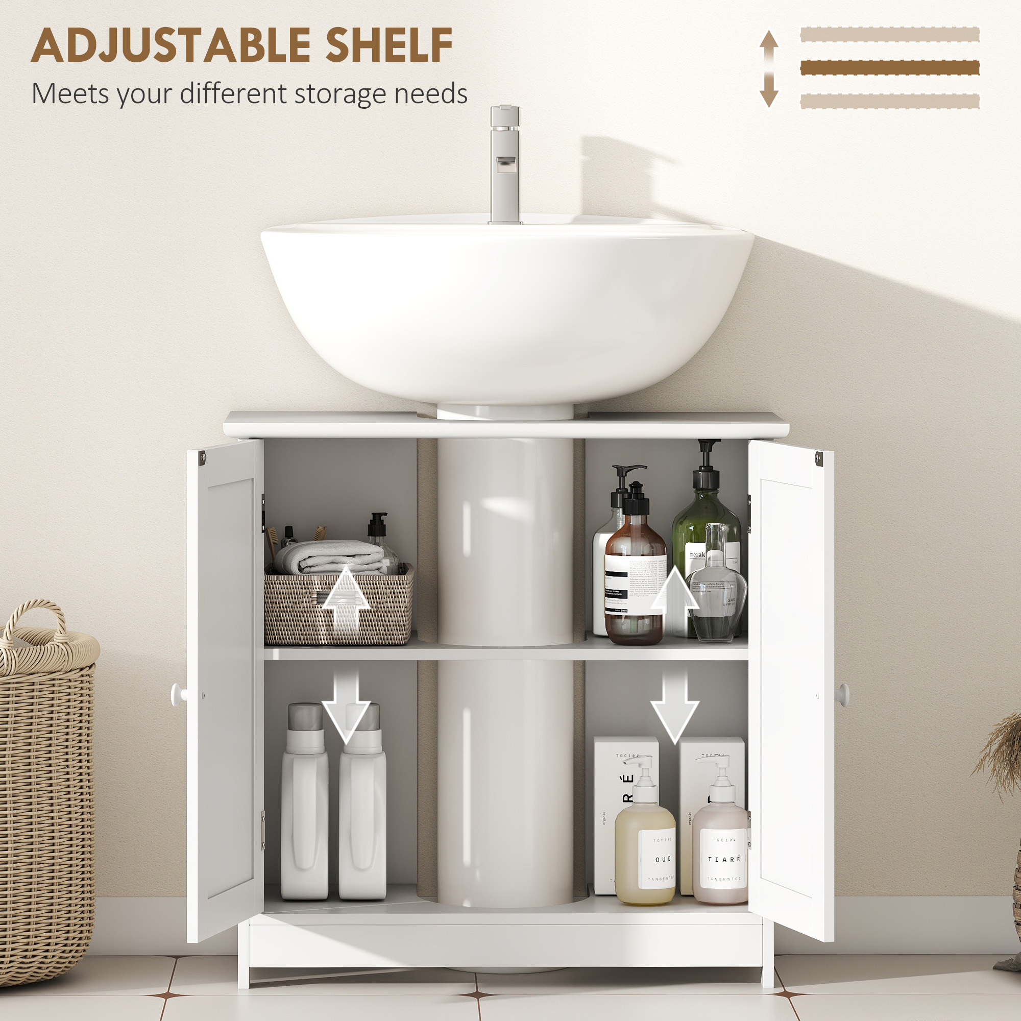  Under Sink Bathroom Cabinet, Pedestal Sink Storage Cabinet with 2 Doors, Shelf and U-Shape, White image 4