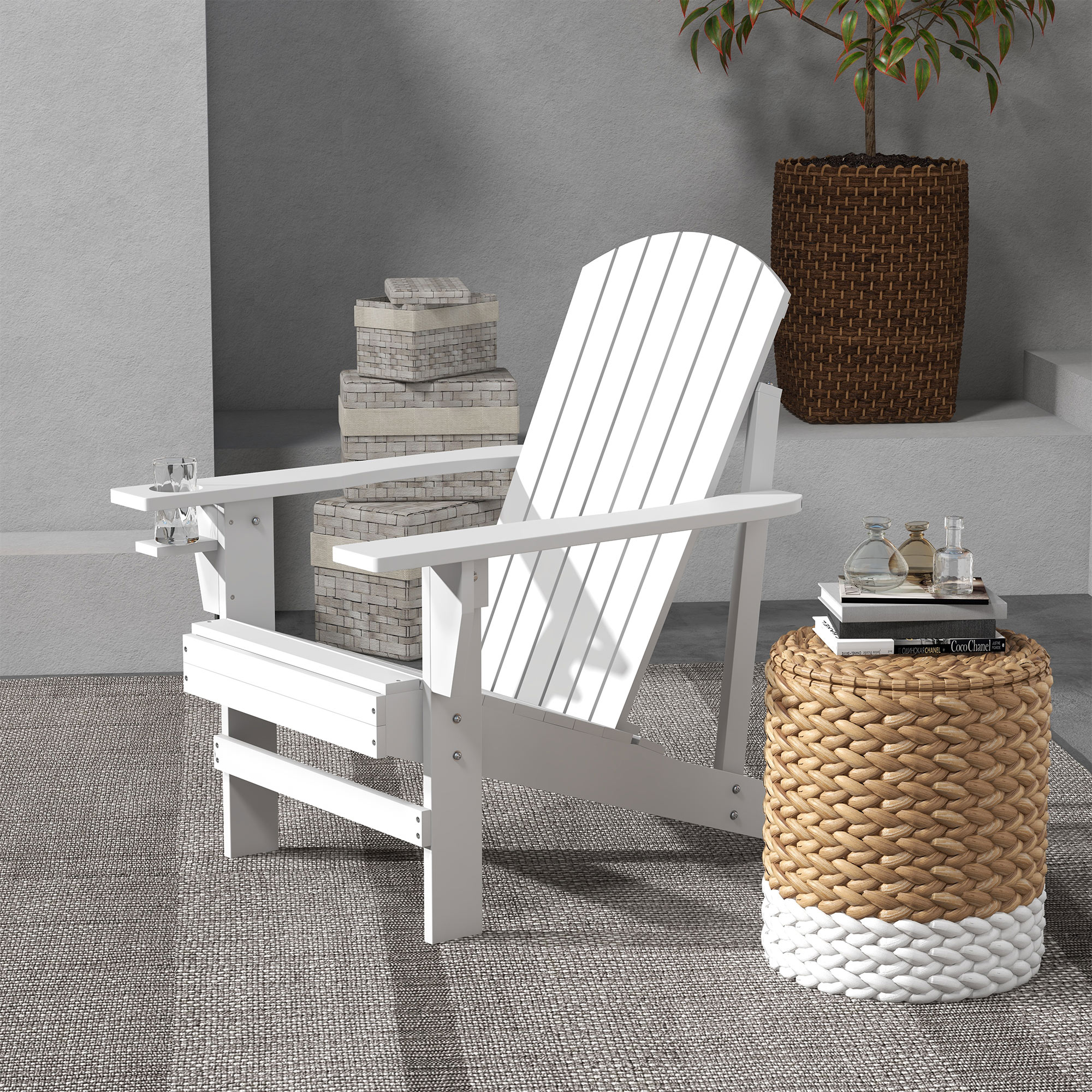 Oversized Adirondack Chair, Outdoor Fire Pit and Porch Seating, Classic Log Lounge w/ Built-in Cupholder, White