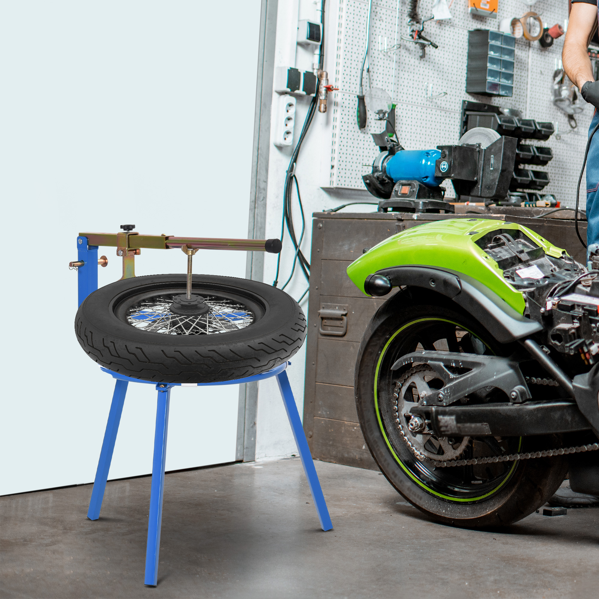 Motorcycle Tire Changing Stand Durable Steel Machine with Adjustable Bead Popper and Leverage Handle for 16" - 24" Multi Size