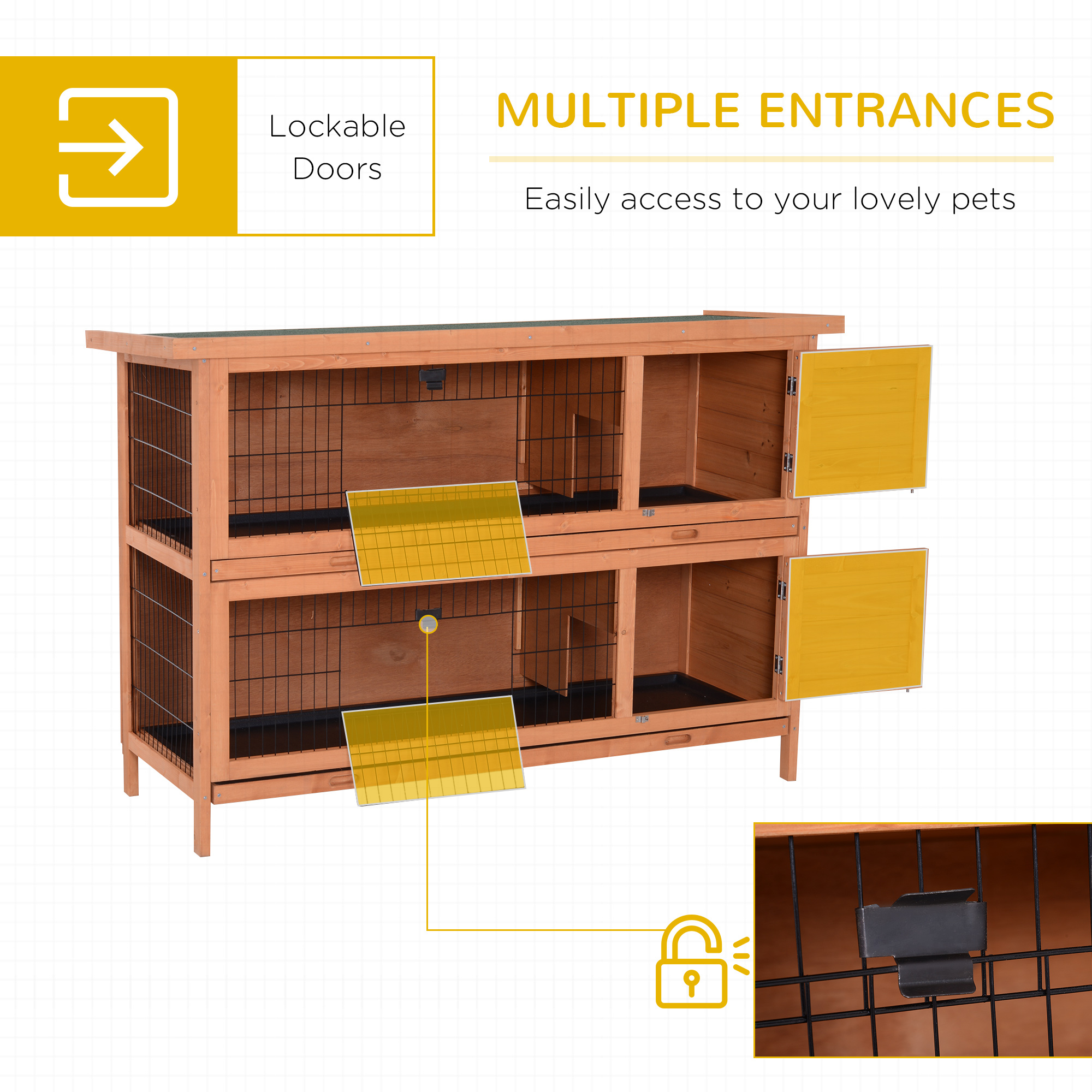  54" 2-Story Large Rabbit Hutch Bunny Cage Wooden Pet House Small Animal Habitat with Lockable Doors, No Leak Tray and waterproof Roof for Rabbits, Chickens, Ducks, Outdoor/Indoor Natural