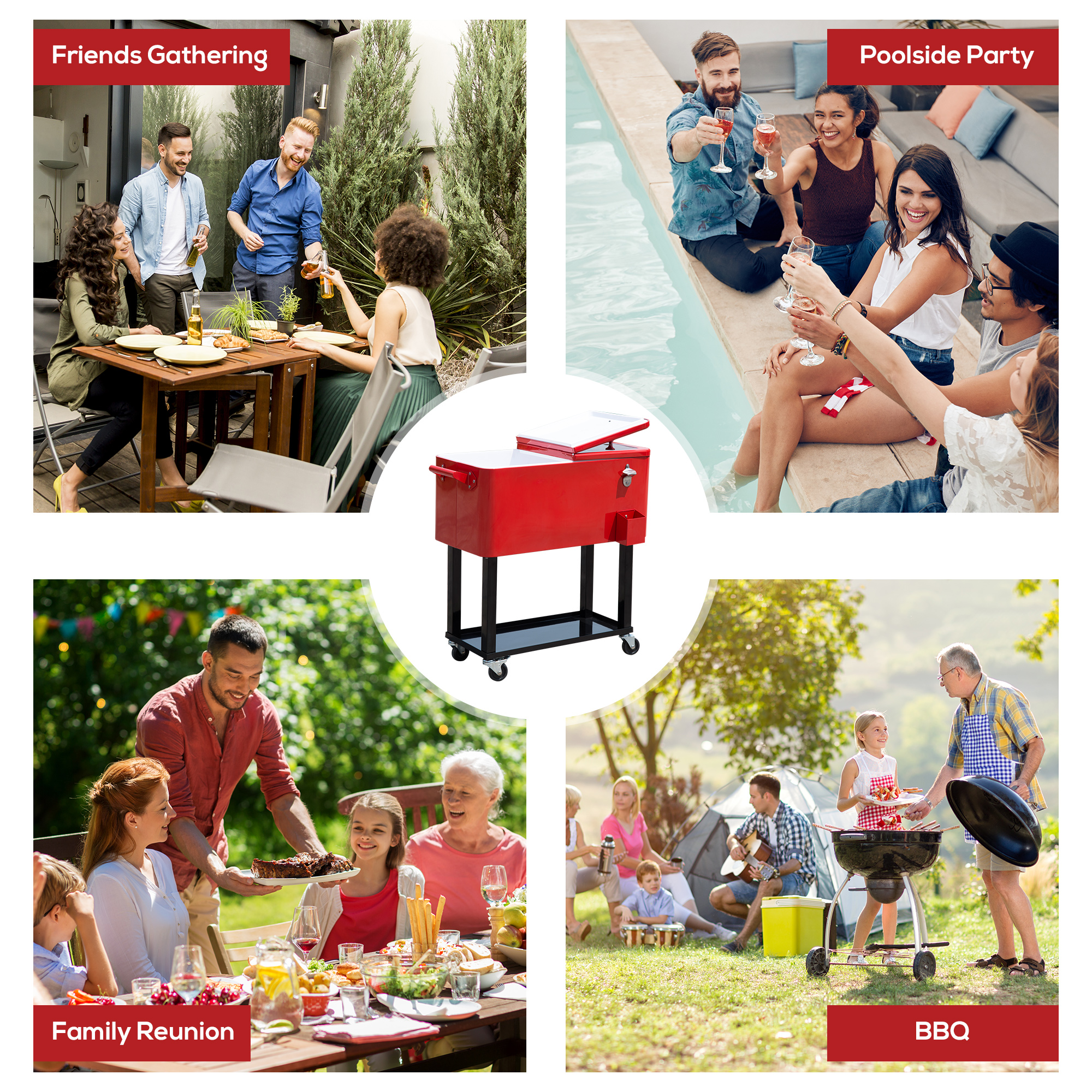  80 QT Rolling Cooling Bins Ice Chest on Wheels Outdoor Stand Up Drink Cooler Cart for Party, Red