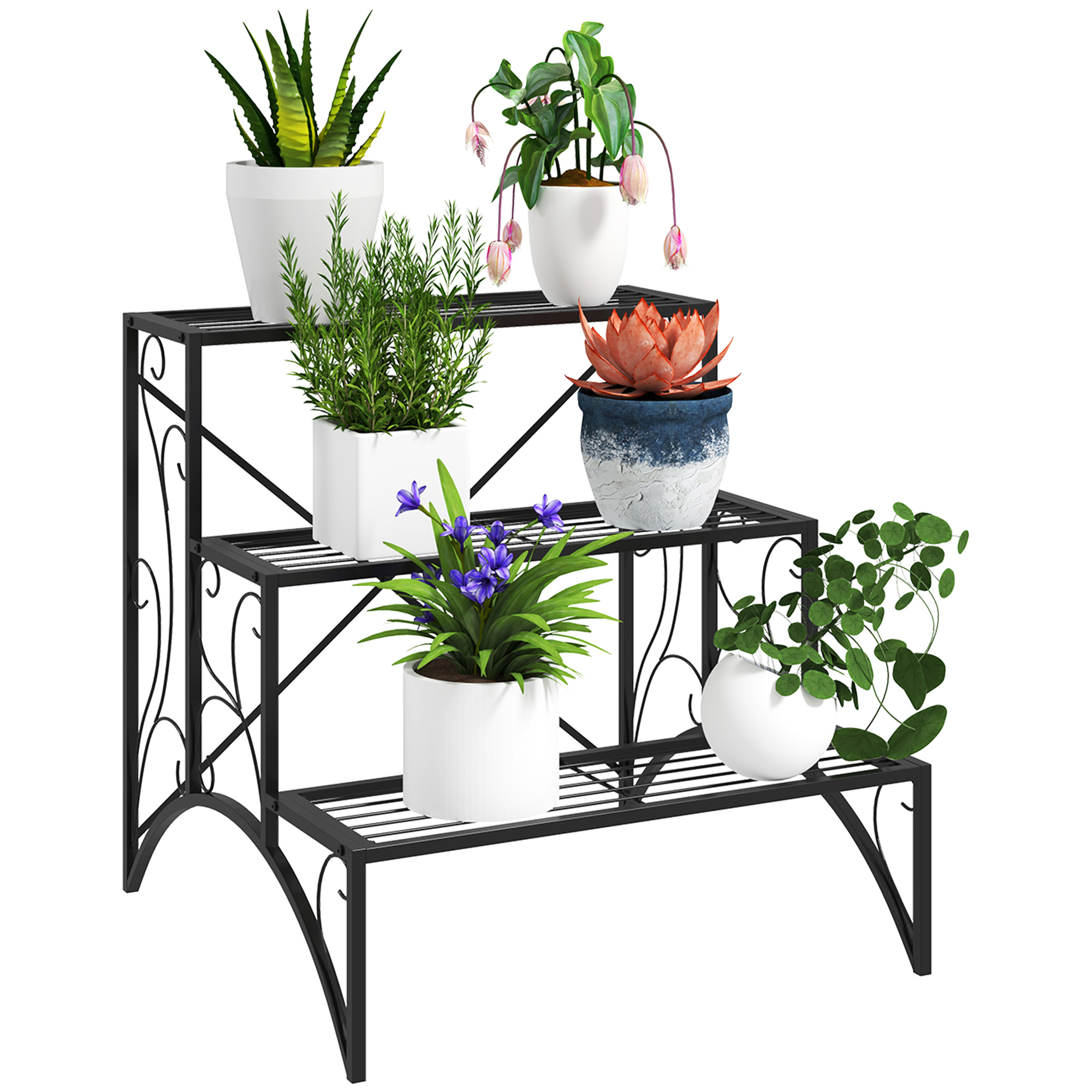 Three-tier black metal plant stand with curved decorative scroll detail on the sides
