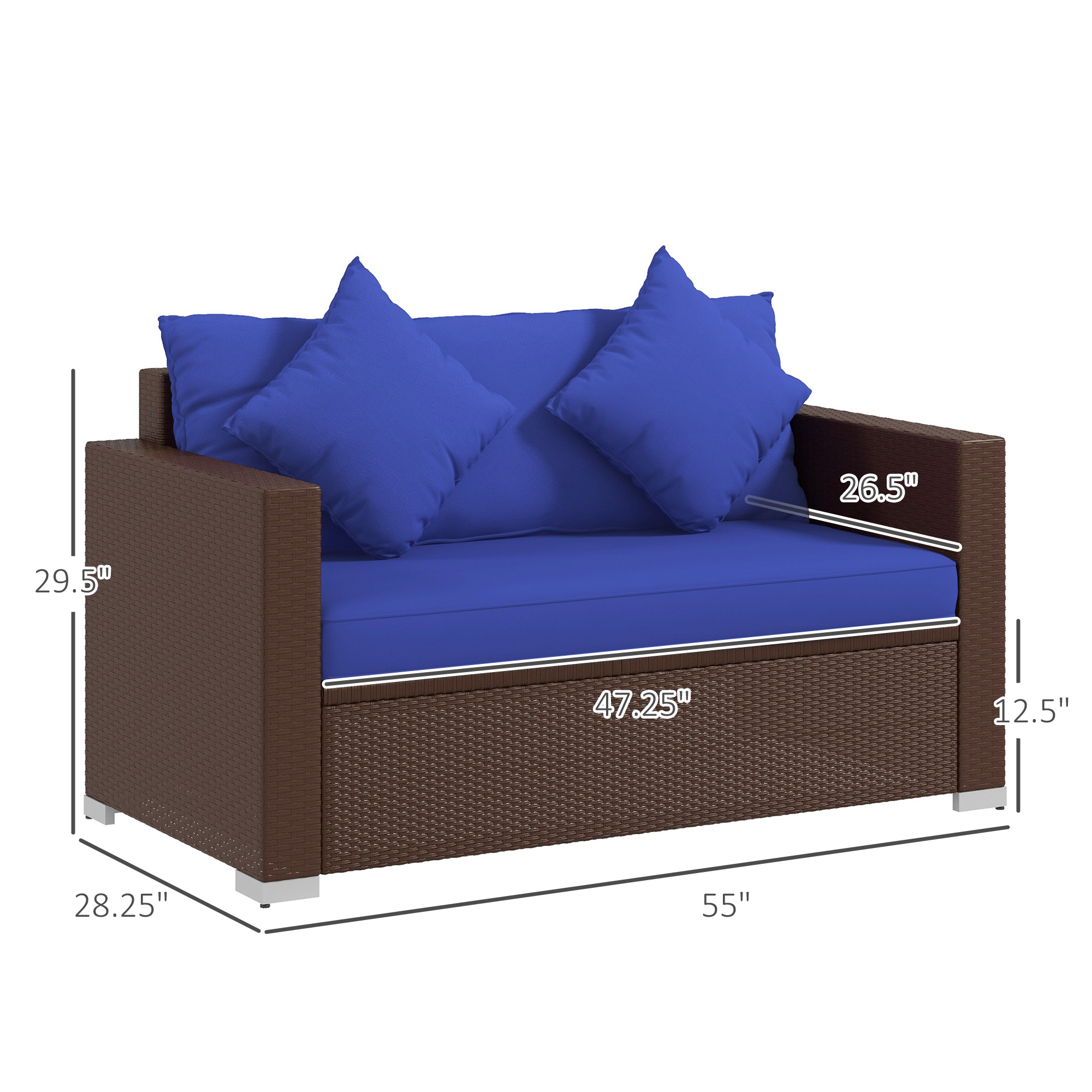  Wicker Loveseat, Patio Furniture Couch with Cushions, 2 Seat PE Rattan Sofa, 2 Throw Pillows, Blue