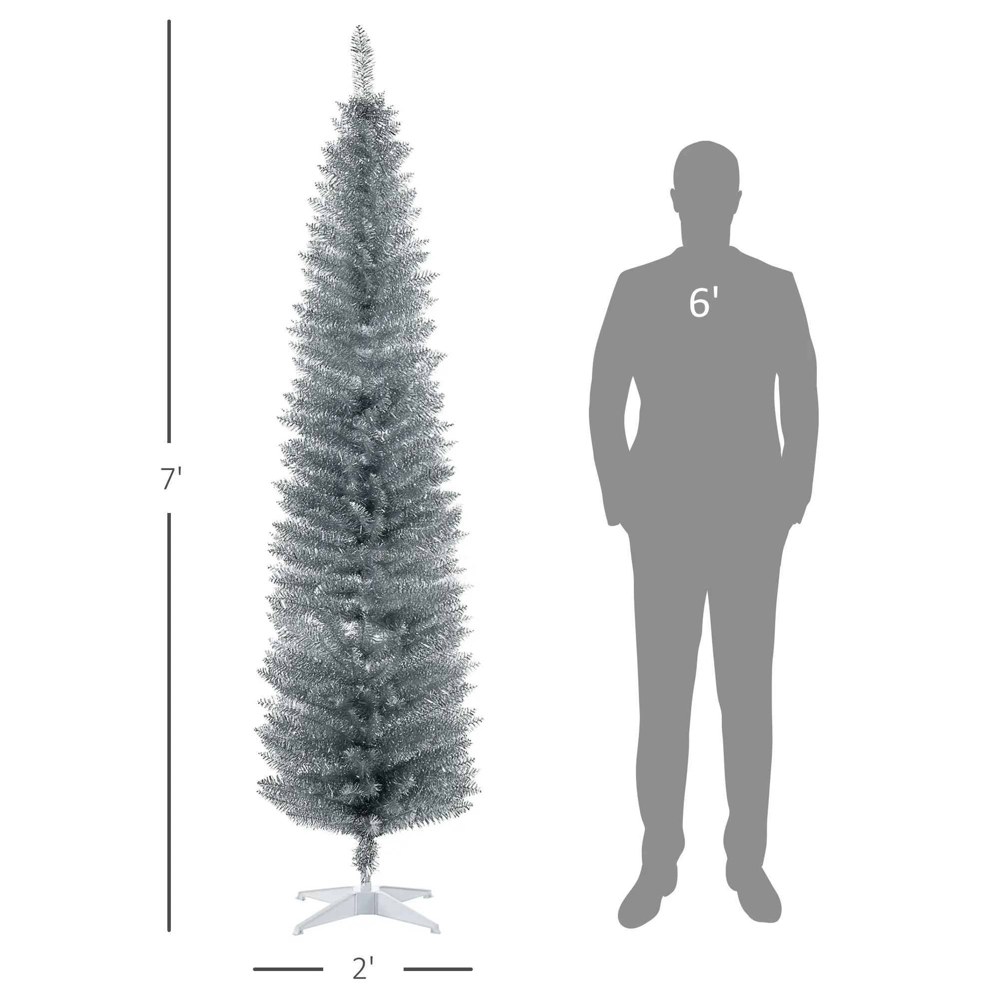 7FT Decorated Christmas Tree, Pencil Christmas Tree with 499 Realistic Branch Tips and Plastic Stand, Silver