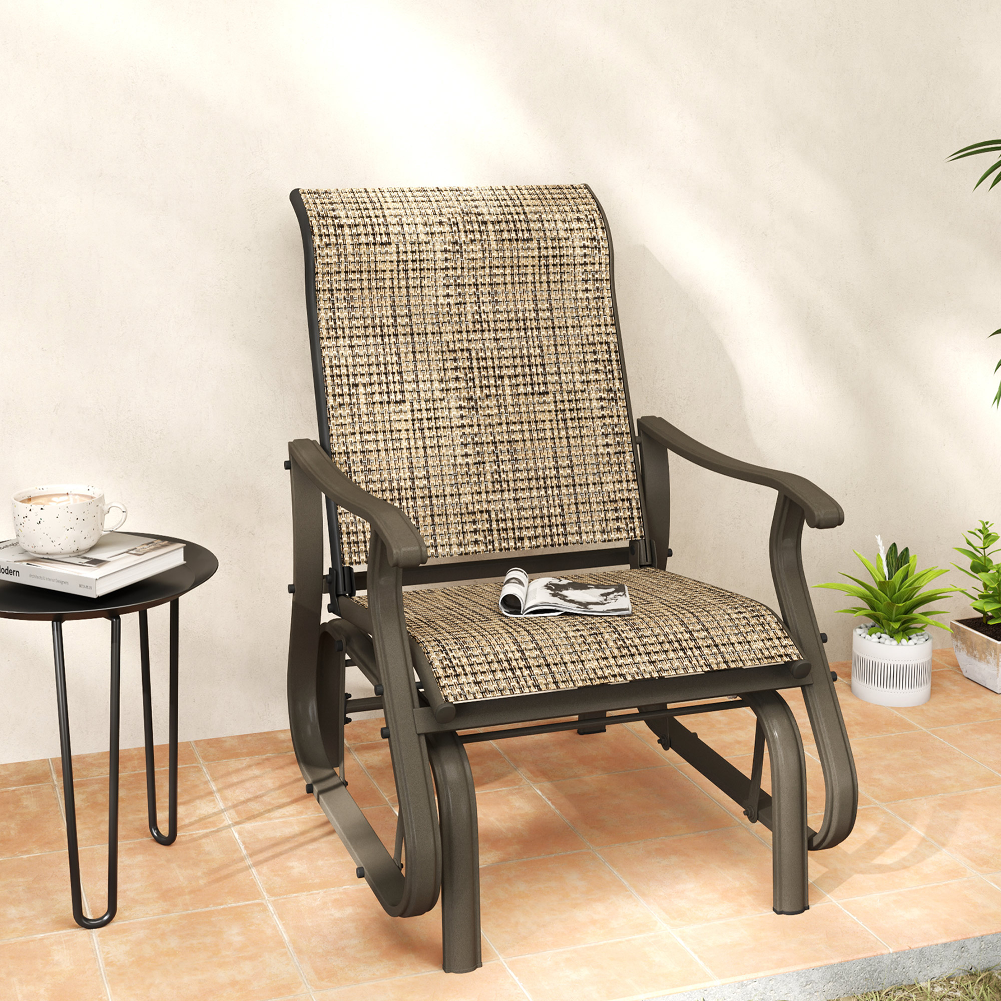 Outdoor Glider Chair Patio Glider Swing Chair with Mesh Seat, Steel Frame for Backyard, Garden, Porch, Light Mixed Brown