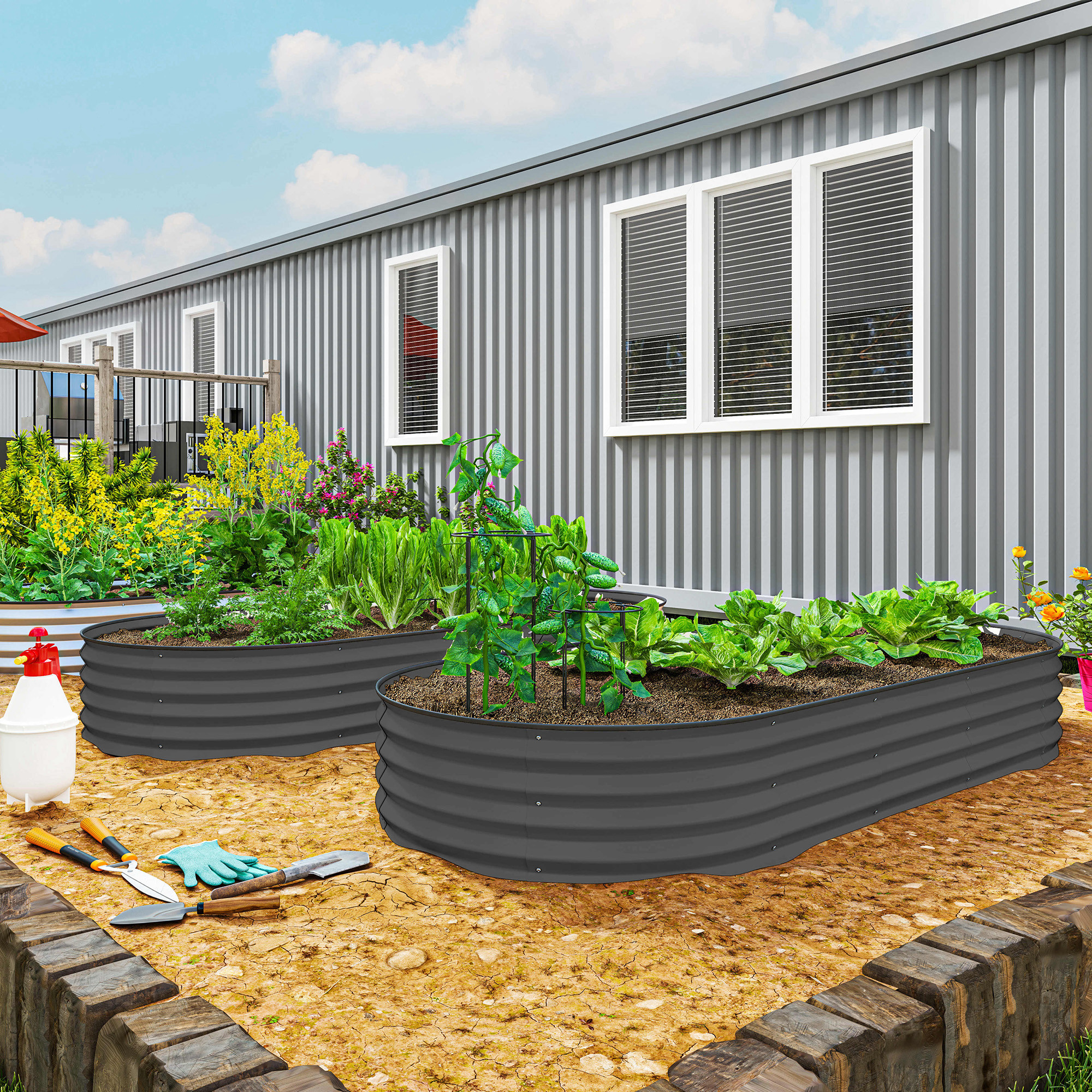 7 x 3 x 1 Raised Garden Bed Set, 2PCS Raised Beds for Gardening with Metal Plant Stakes, Dark Gray