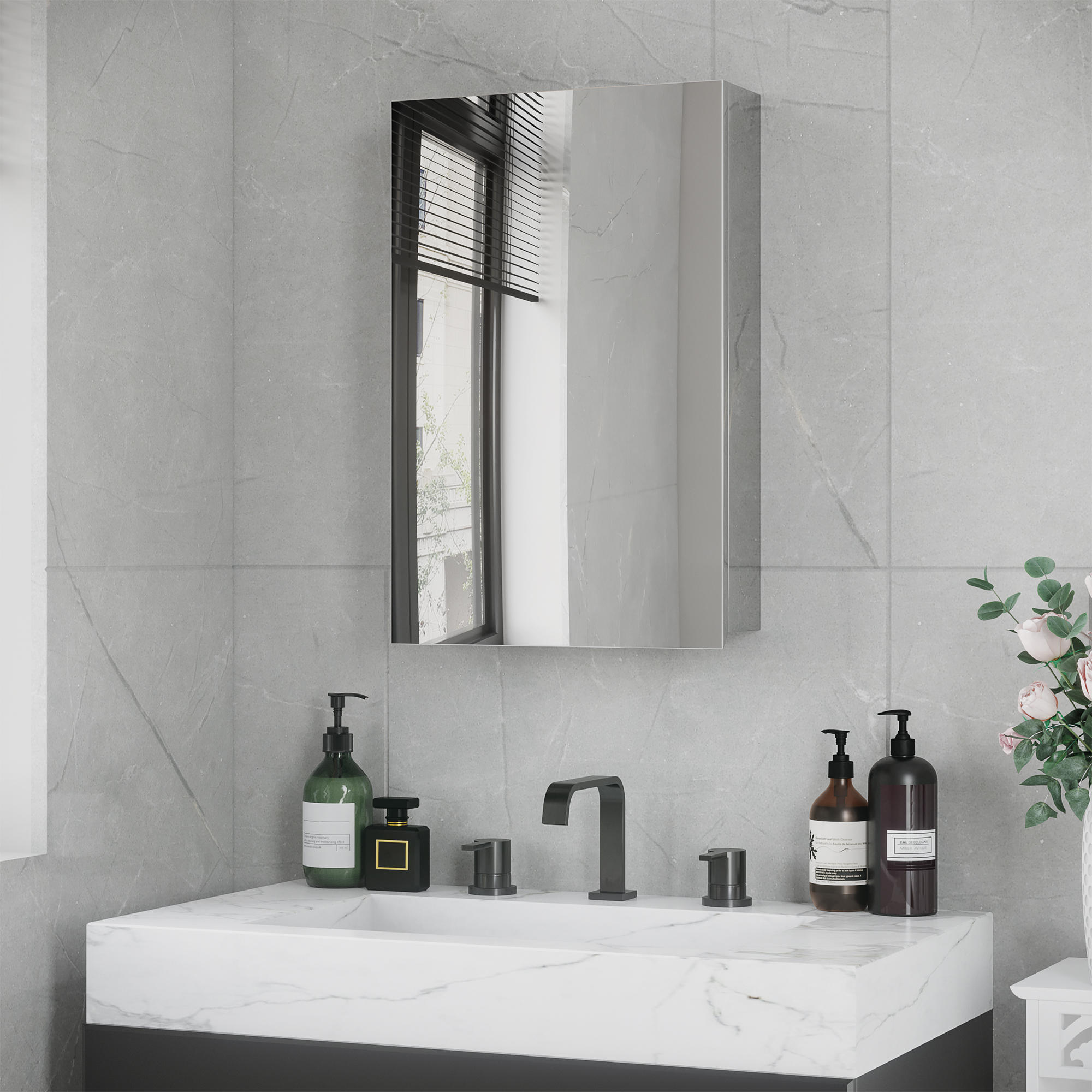 Wall Mounted Bathroom Medicine Cabinet Mirrored Cabinet with Hinged Door 3-Tier Storage Shelves Silver