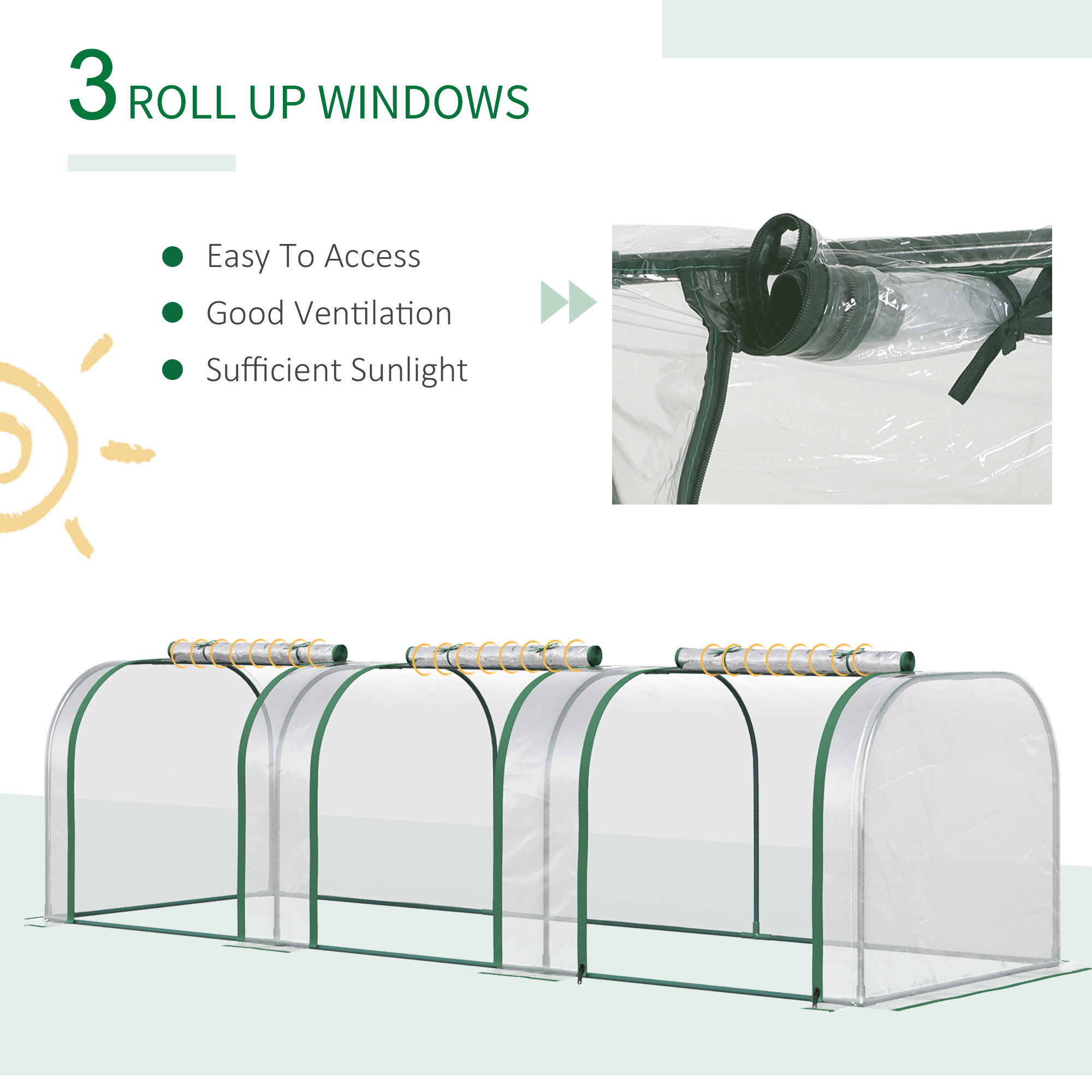  9.7' L x 3' W x 2.5' H Portable Tunneled Greenhouse with 3 Zippered Doors, Water/UV Fighting PVC Cover