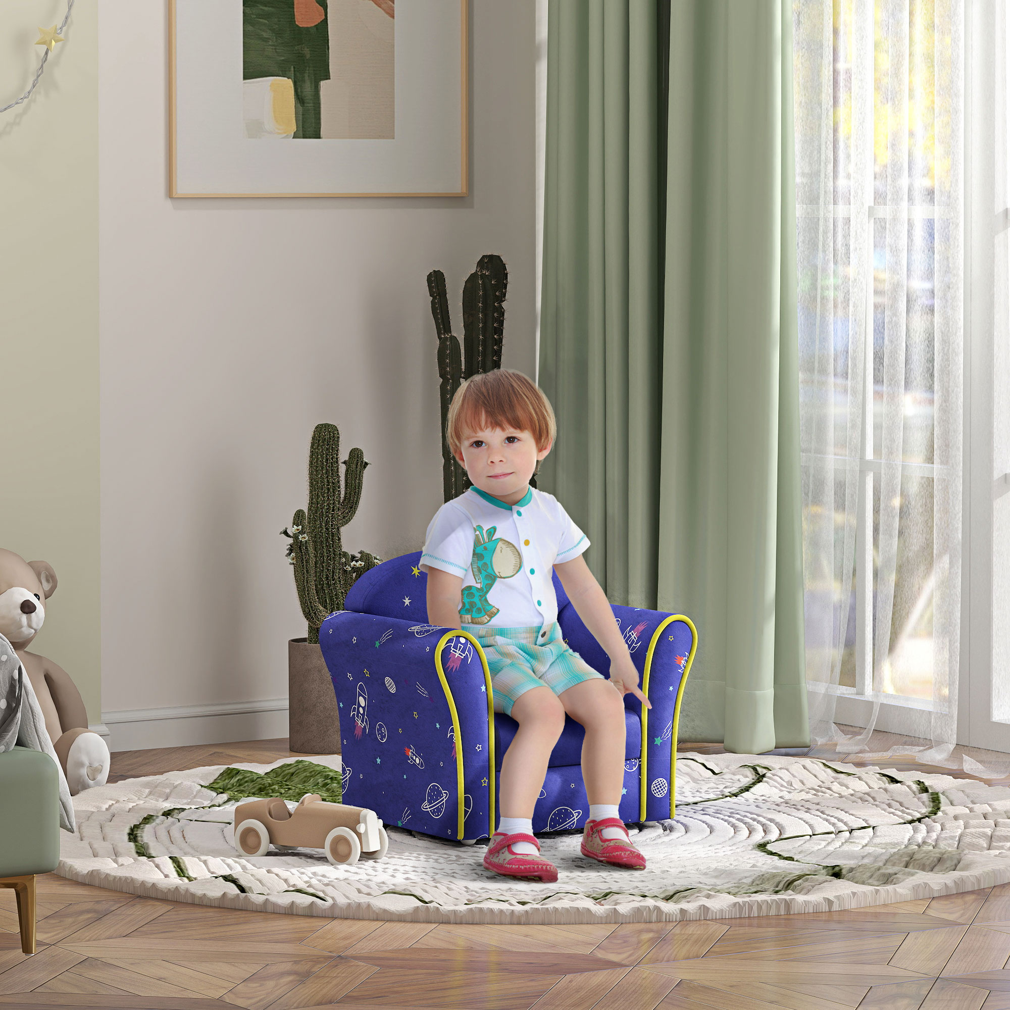 Kids Armchair With Planet Dinosaurs Design, Wooden Frame, For Bedroom — image 5