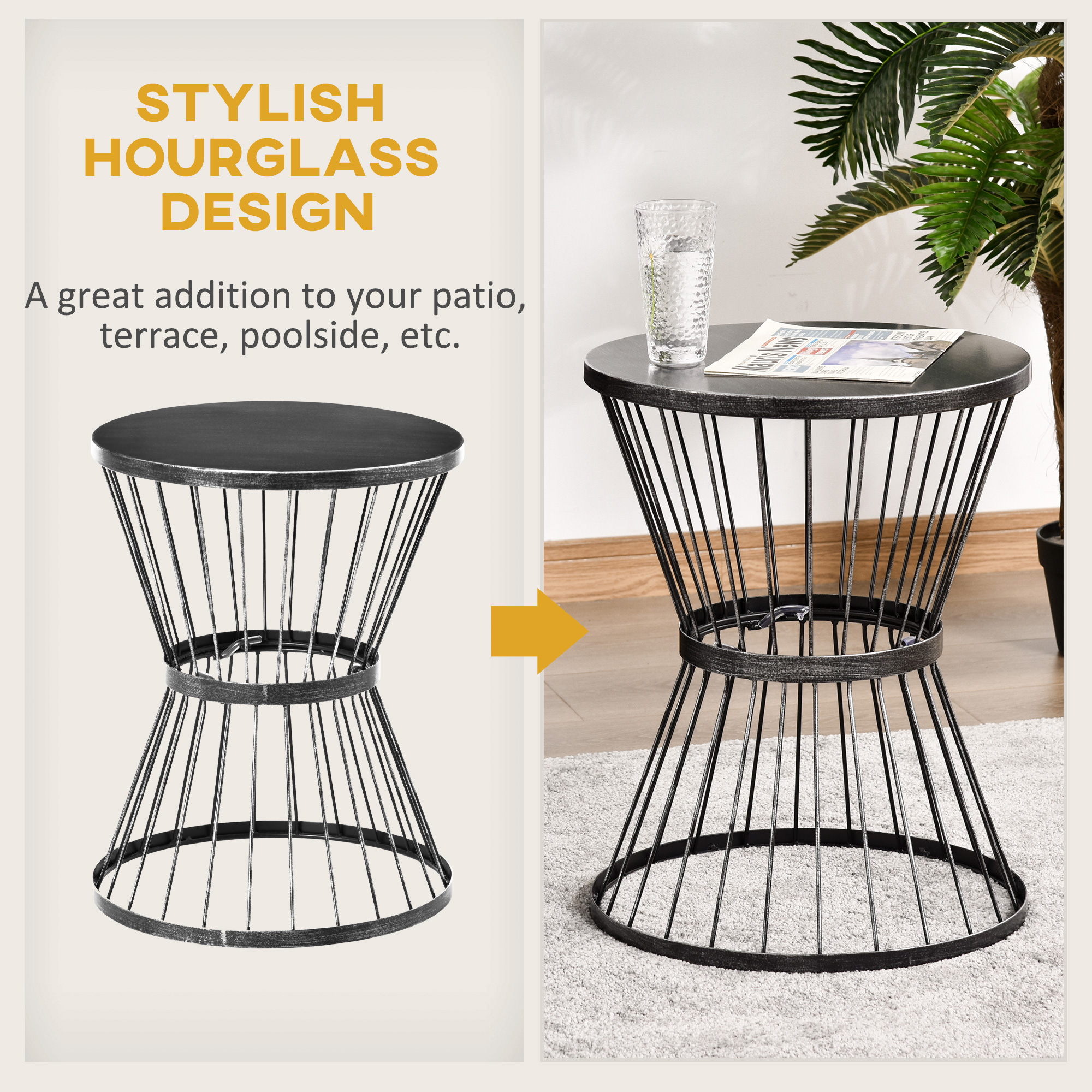  16" Steel Patio Side Table, Garden End Table with Hourglass Design, Accent Table for Outdoor and Indoor Use, Distressed Black