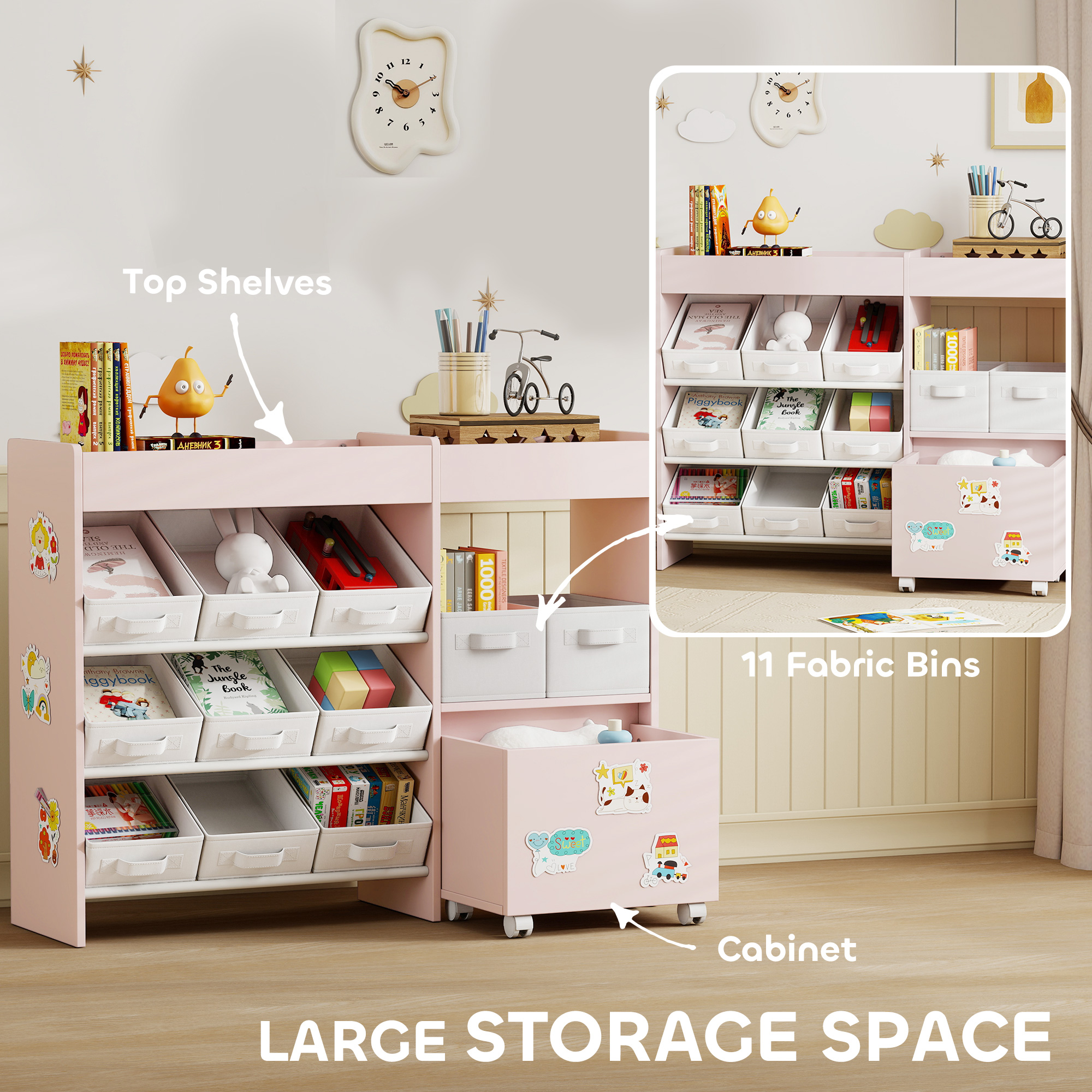 Kids Toy Storage Unit With 11 Bins, Cabinet, Top Shelves, 3 Stickers — image 2