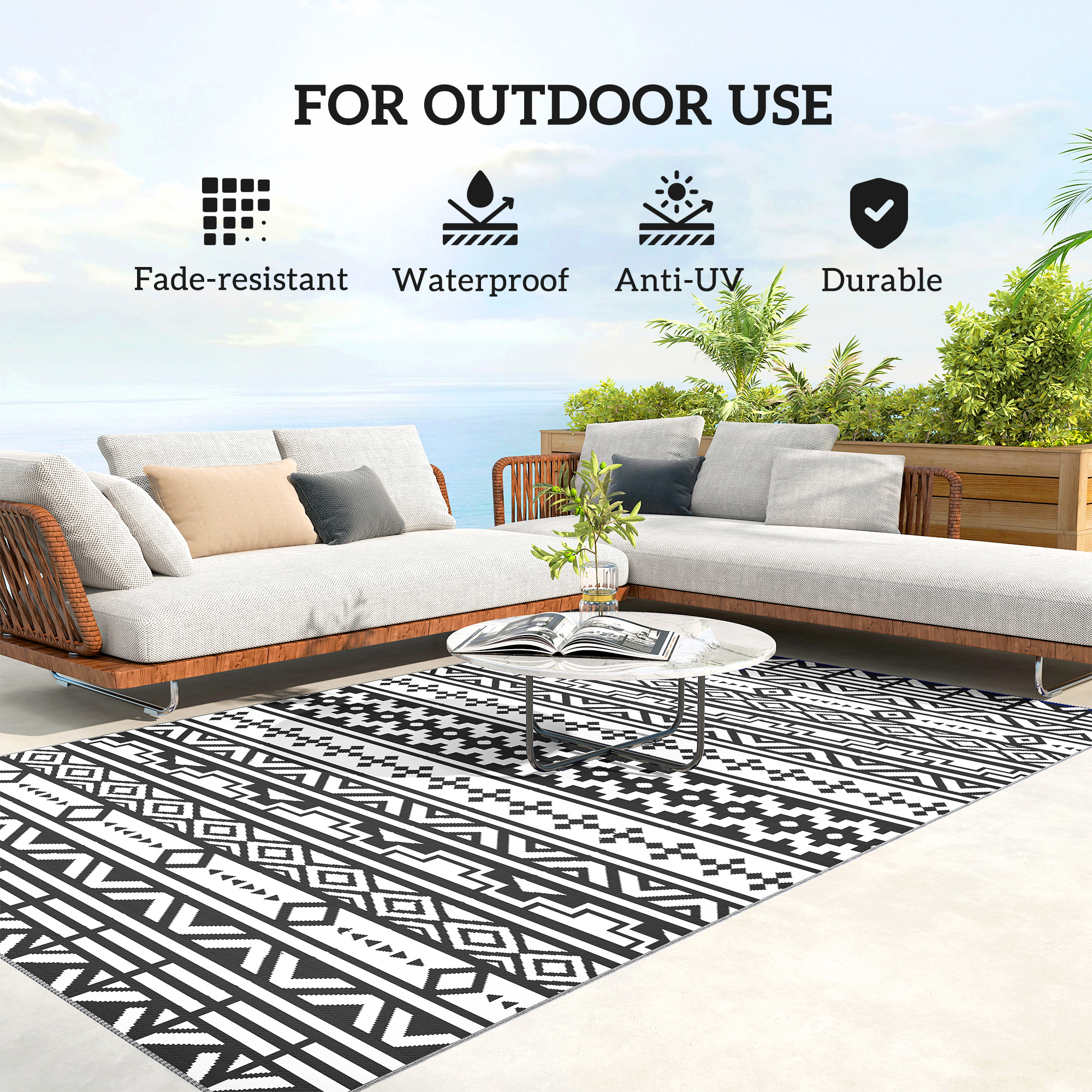 Reversible Outdoor Rug, Waterproof Plastic Straw with Carry Bag, 6' x 9', Black & White Geometric Wall image 5