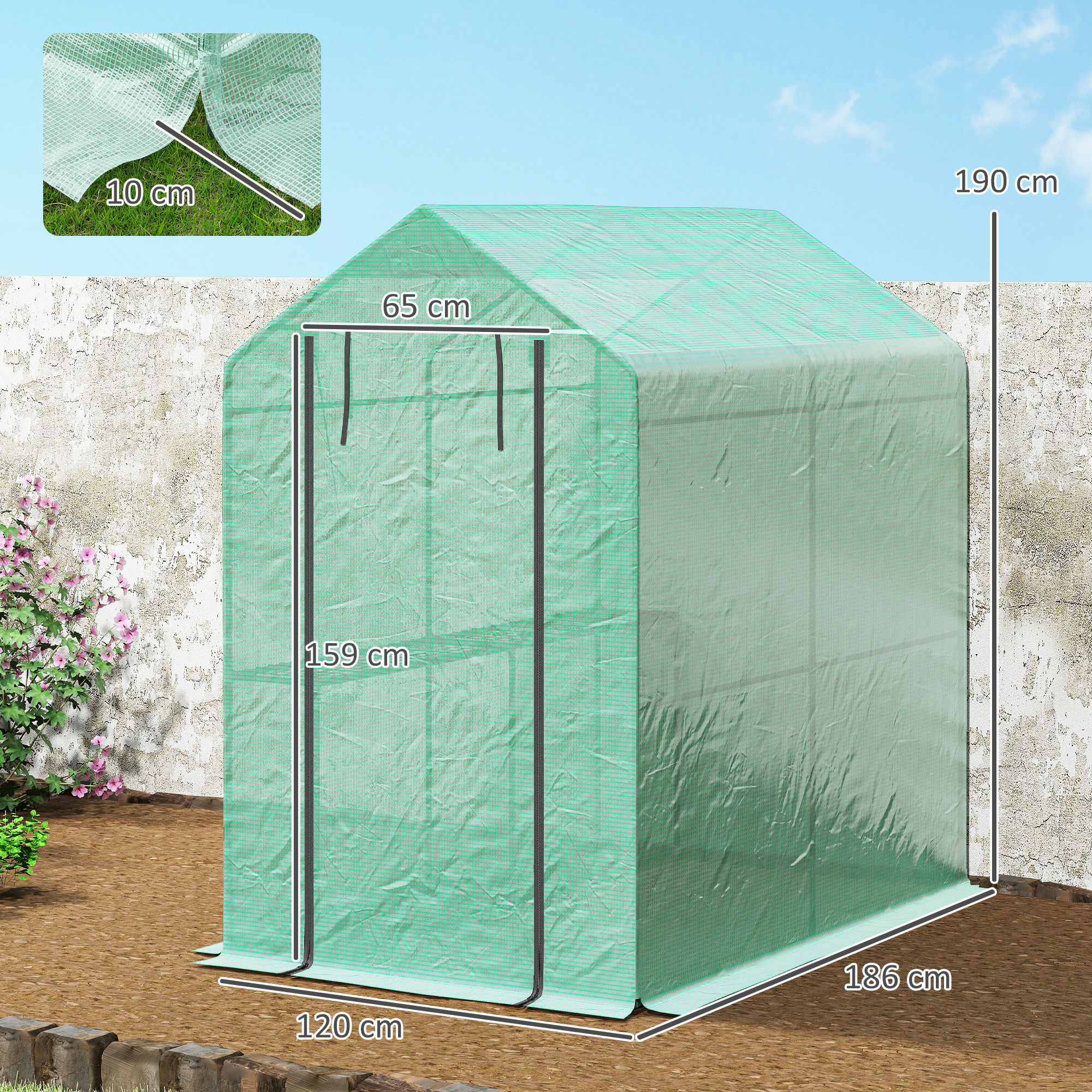 120 X 186cm Walk-In Greenhouse, With Shelves - Green