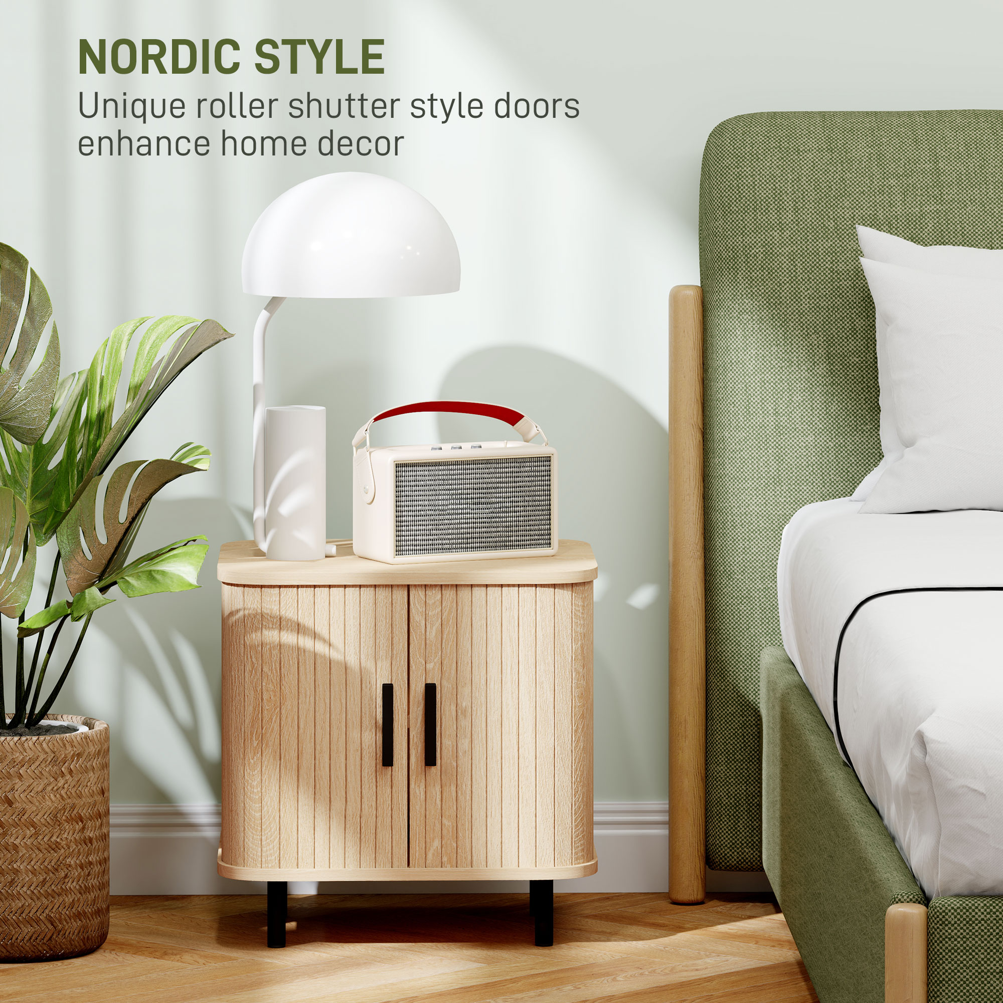 Bedside Table, Nordic Side With Roller Shutter Style Sliding Doors And Metal — image 4