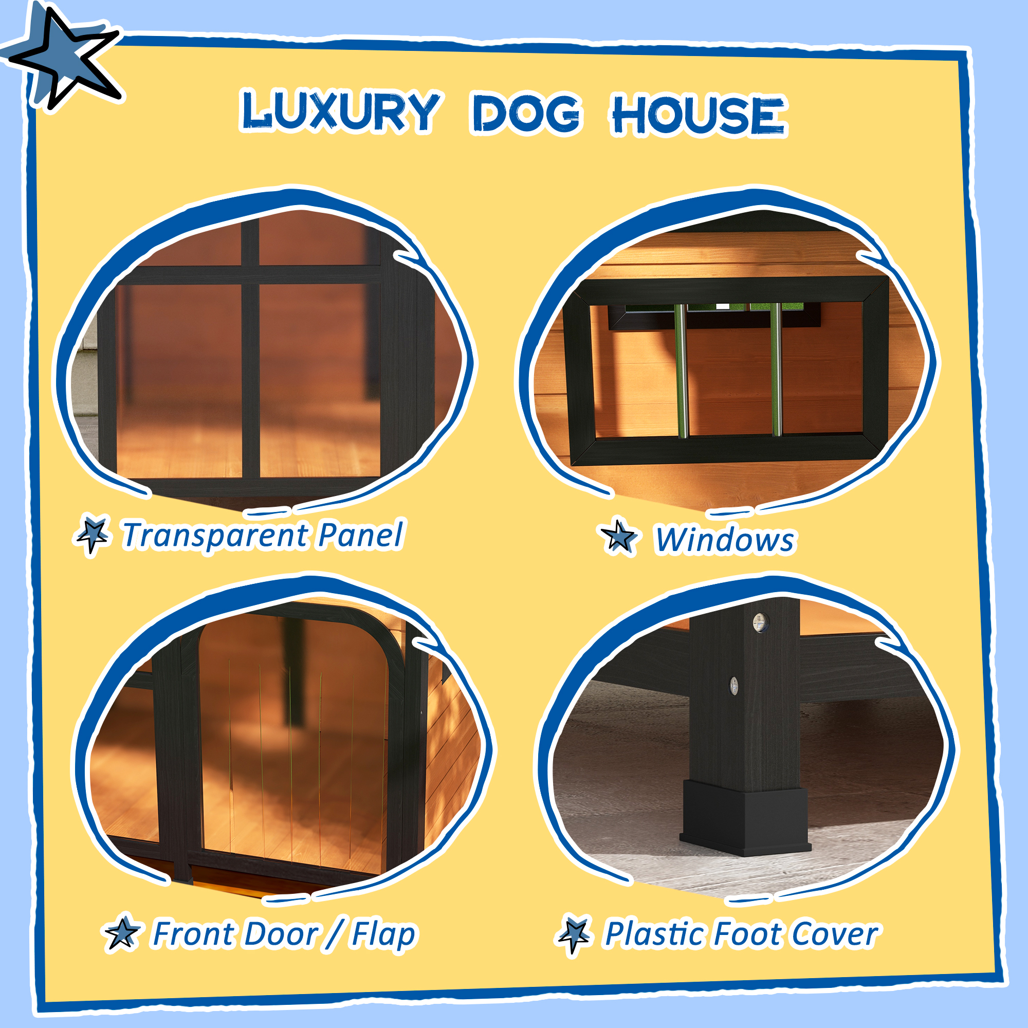  Cabin-Style Wooden Dog House for Large Dogs with Openable Roof & Giant Window, Yellow