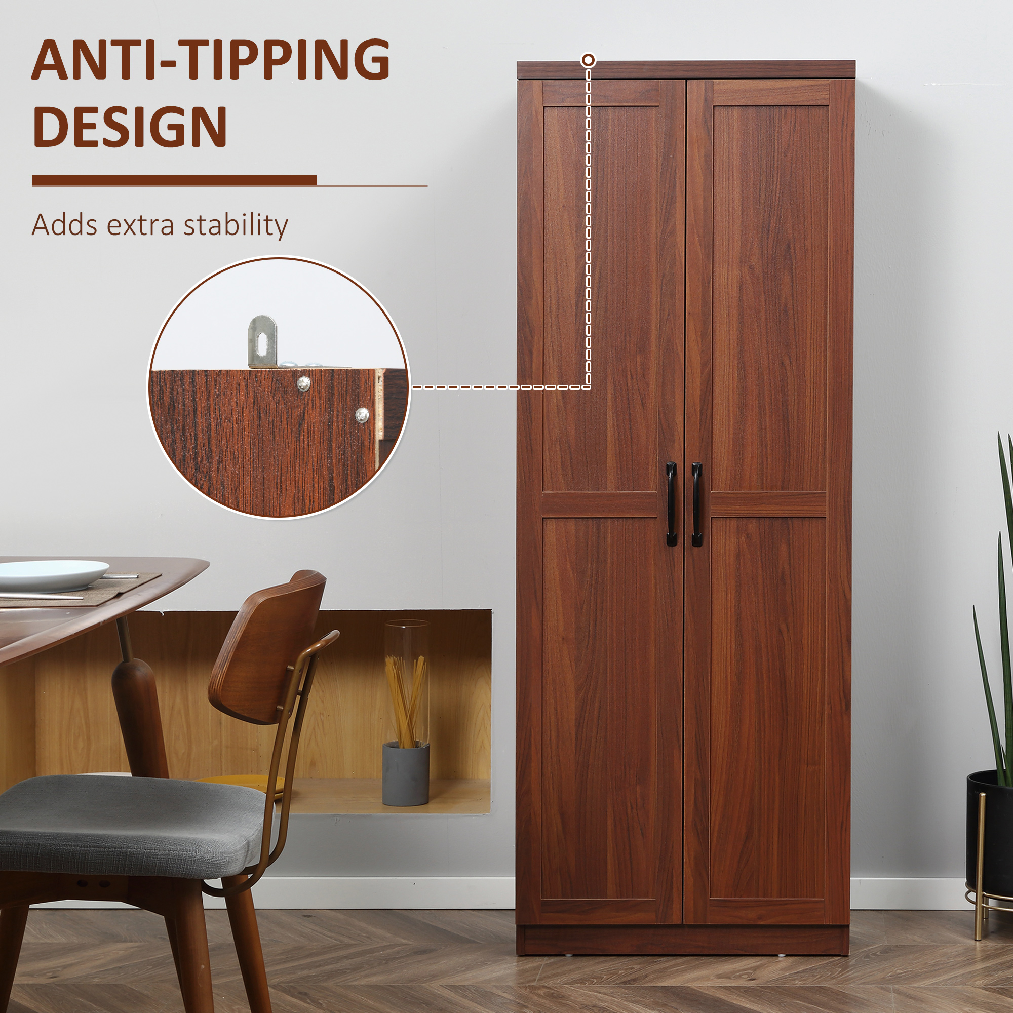 63" 2-Door Kitchen Pantry, Freestanding Storage Cabinet with 5-tier Shelving and 2 Adjustable Shelves for Dining Room, Brown image 5