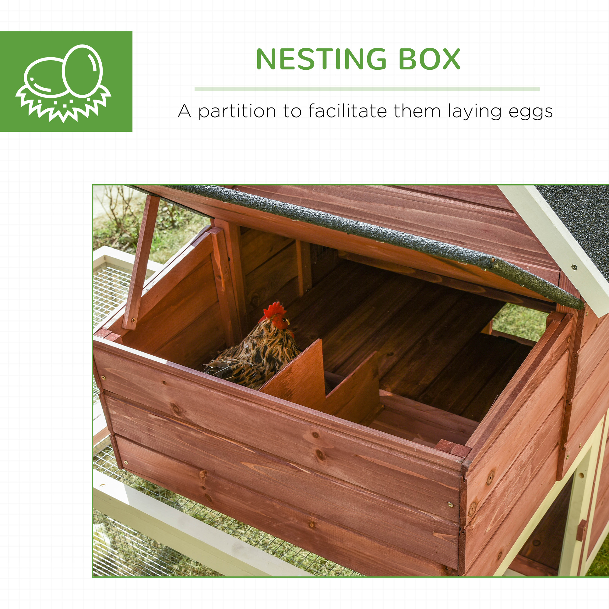  Wooden Chicken Coop, Outdoor Chicken Cage Poultry Hen House with Nesting Box, Double Runs, Asphalt Roof, Ramp