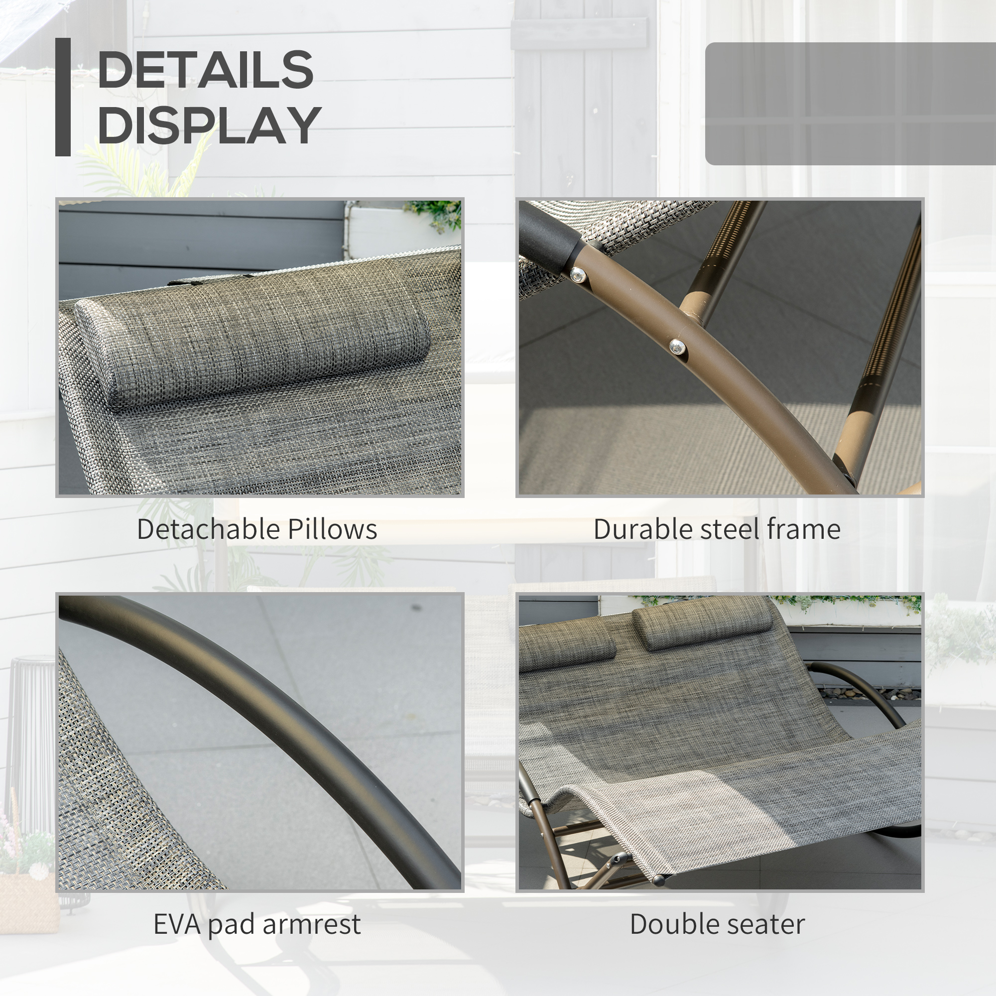  Outdoor Double Chaise Rocking Chair, Day Bed Sun Lounger with Canopy Shade, Headrest Pillow, Armrests for Garden, Poolside, Light Gray