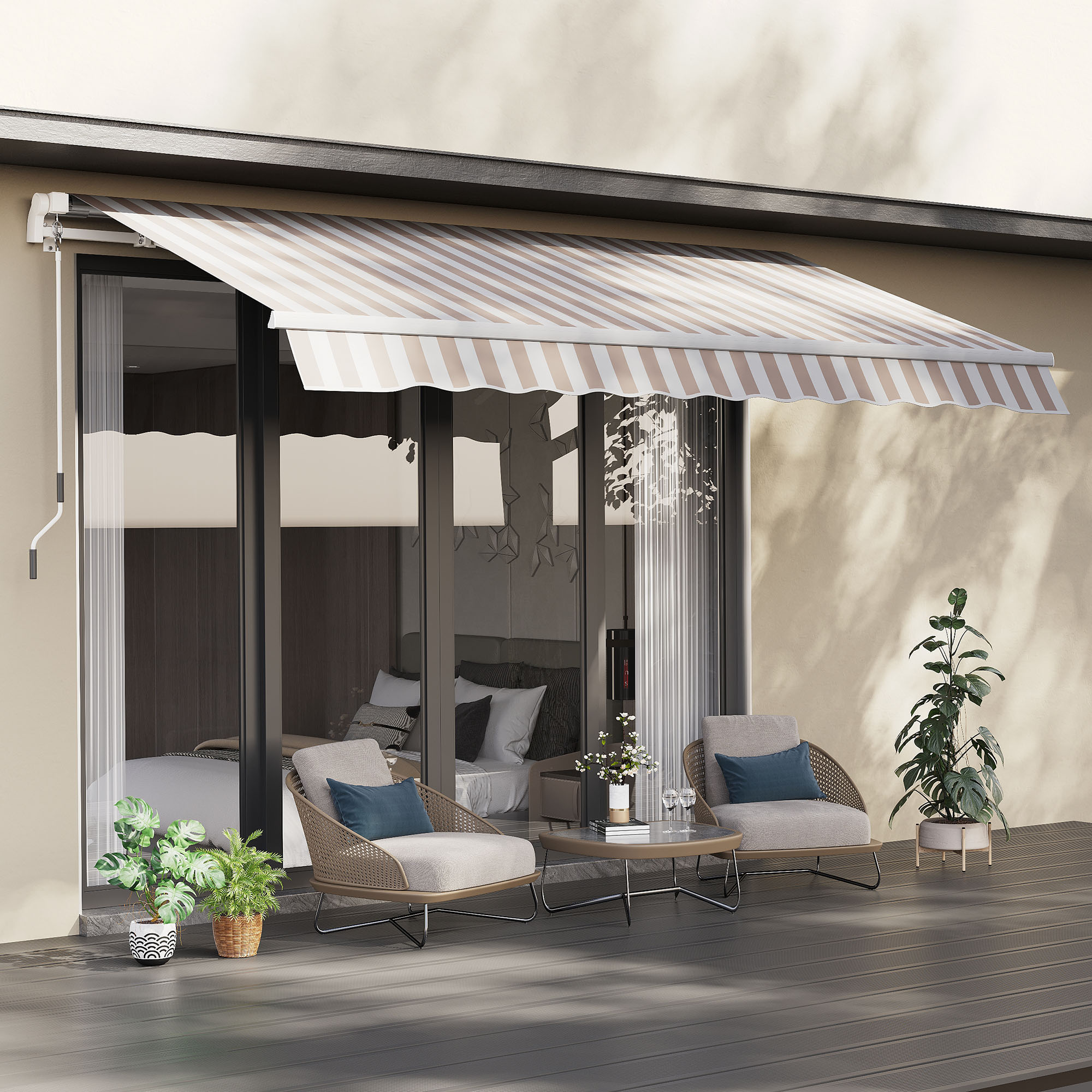 12′ x 8′ Retractable Awning Patio Awnings Sun Shade Shelter with Manual Crank Handle, 280g/m² UV & Water-Resistant Fabric and Aluminum Frame for Deck, Balcony, Yard, Beige
