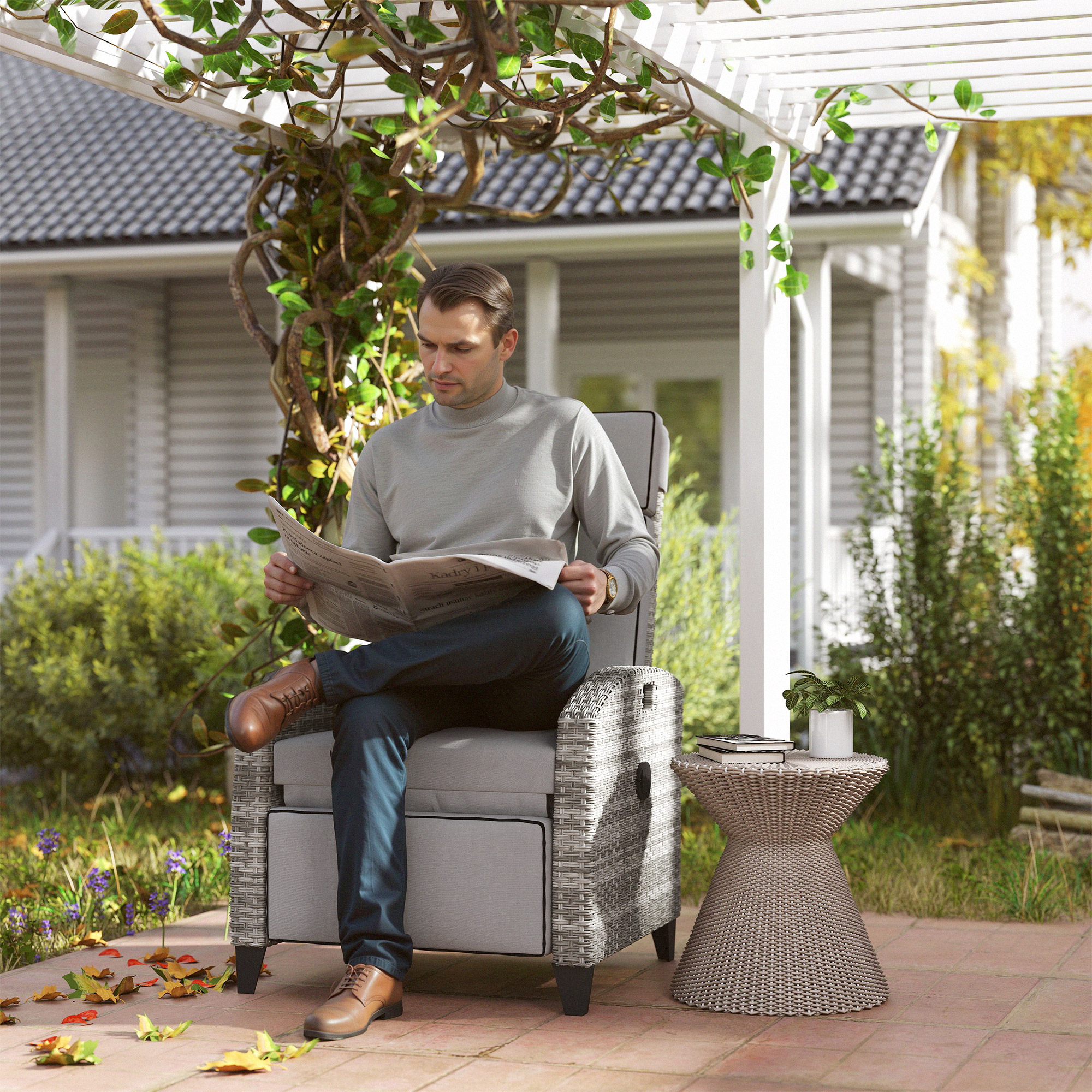 Outdoor Recliner Chair with Cushions, Reclining Patio Lounge Chair with Adjustable Footrest, Armrests, Tray Table, Gray