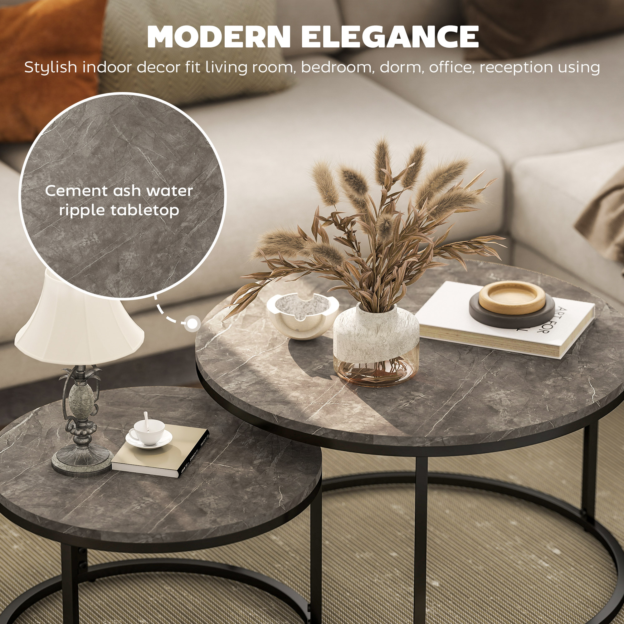 Industrial Nesting Coffee Table Set Of 2, Round Tables, Living Room With Faux — image 2