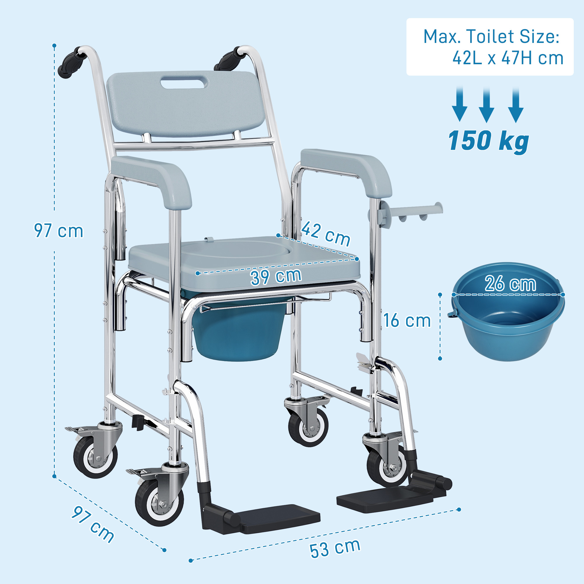 Rolling Shower Wheelchair For Seniors, Bedside Commode Chair With Locking — image 3