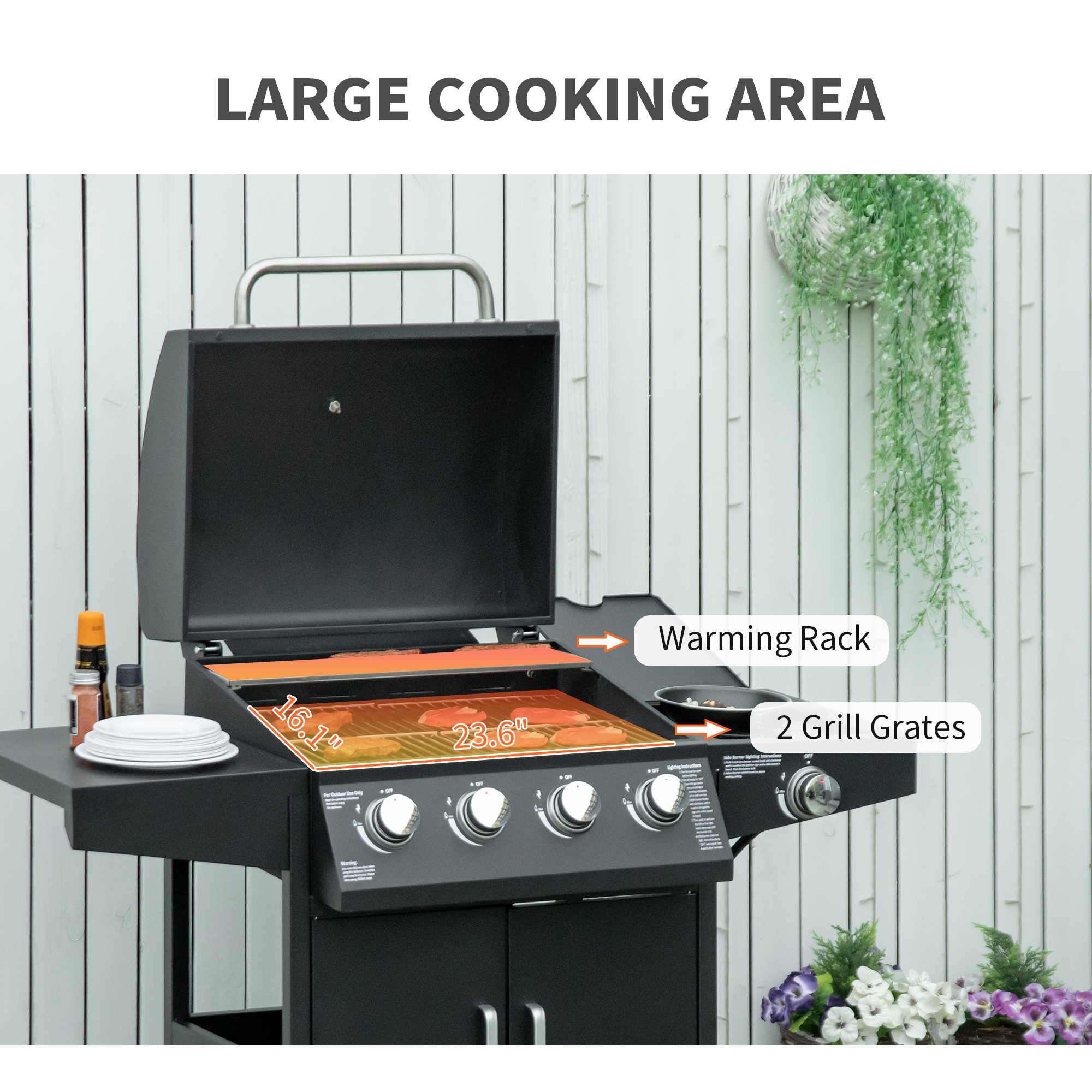 52″ Barbecue Grill with Wheels 4+1 Burner Liquid Propane Gas Grill Outdoor Cabinet Style BBQ Trolley w/ Side Burner, Warming Rack