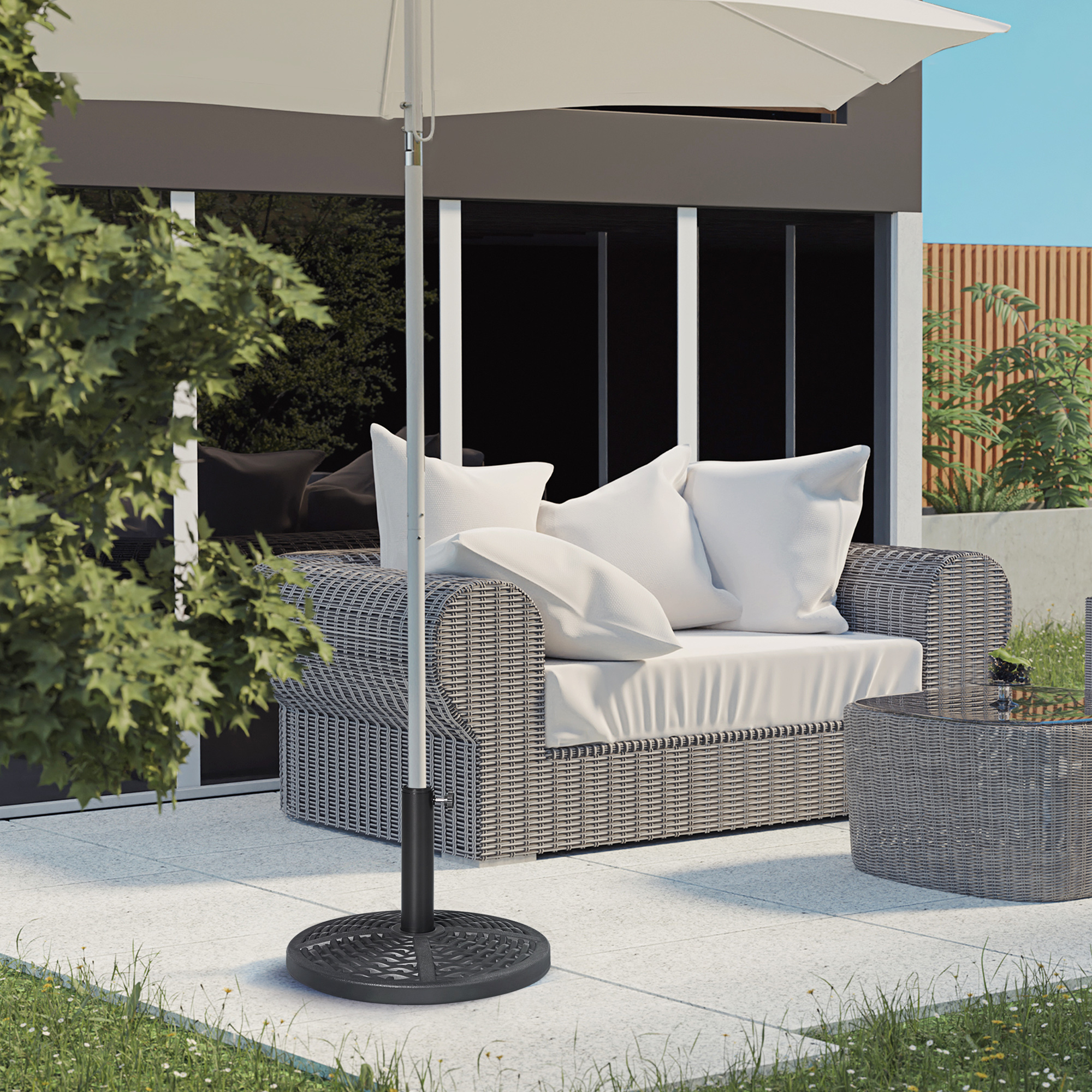 30 lbs. Market Umbrella Base Holder 18" Heavy Duty Round Parasol Stand with Rattan Design for Patio, Black