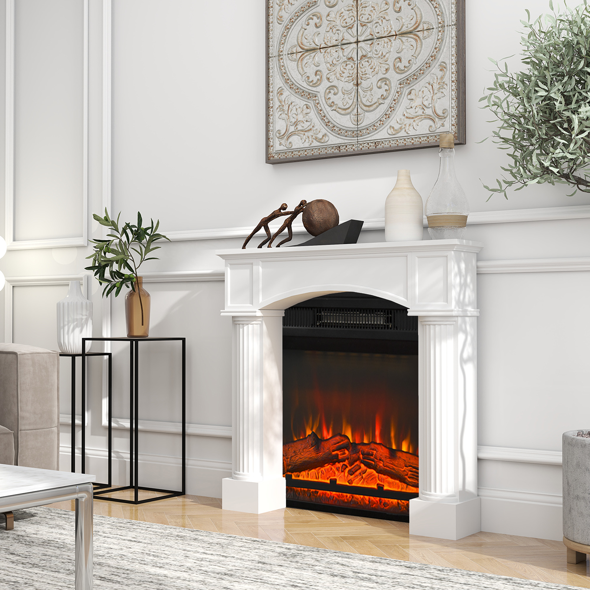  Modern Fireplace Mantel, Freestanding Fireplace Surround for Electric Fireplaces, 43.3" W x 39.8" H, White