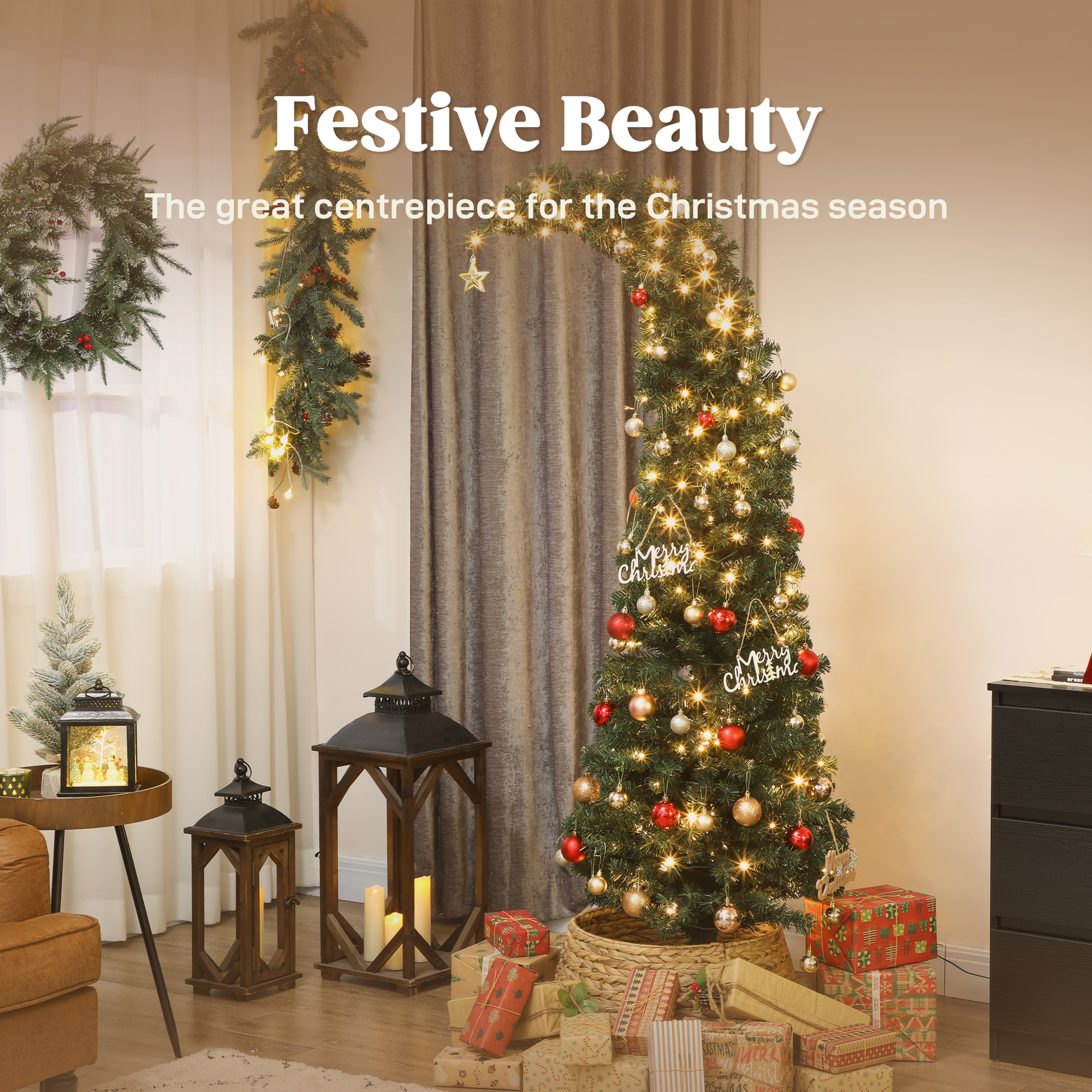  6 ft Prelit Christmas Tree, Whimsical Xmas Tree Slim High Mountain Fir with 200 LEDs and Metal Stand, Green