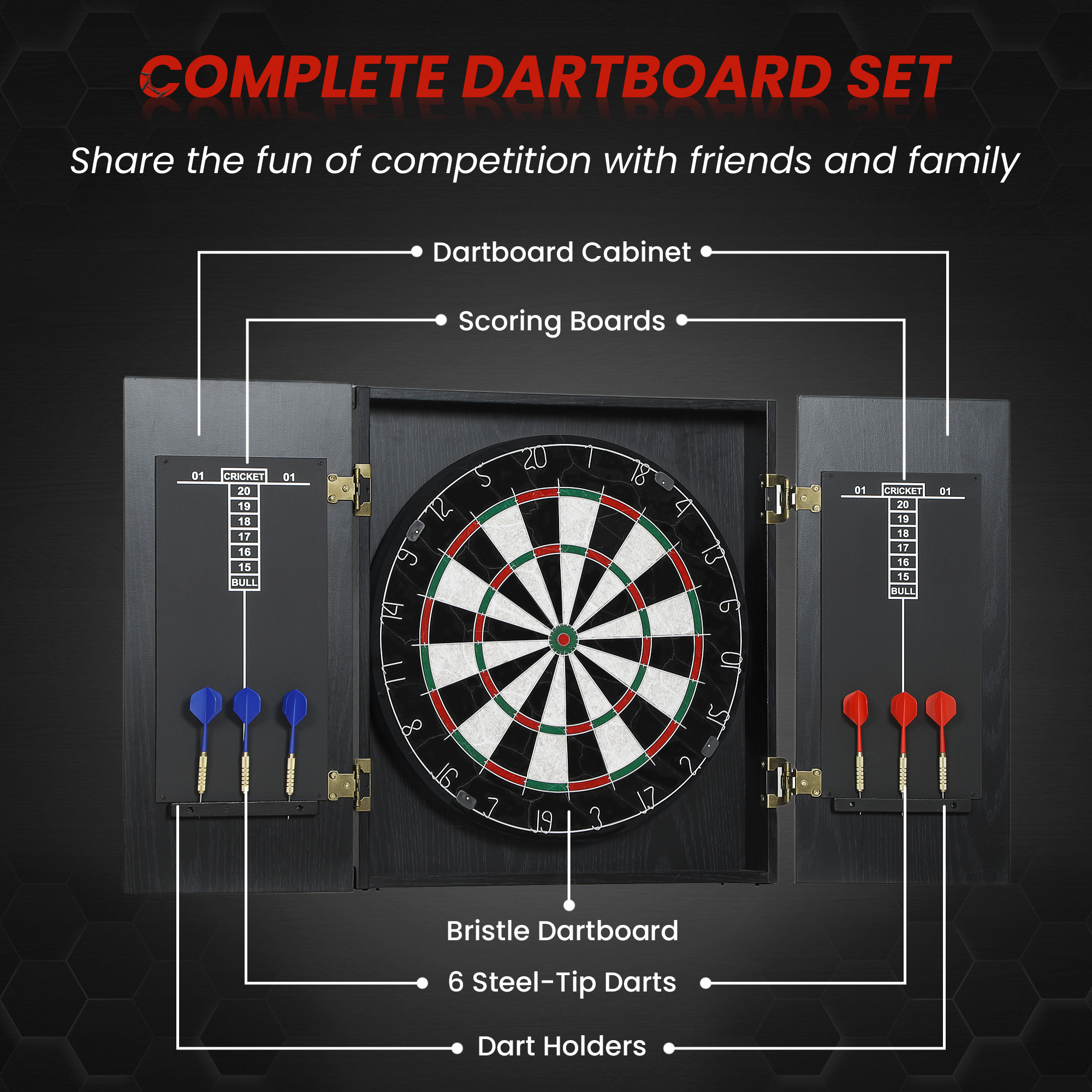 SPORTNOW Bristle Dartboard With Cabinet, 6 Steel Tip Darts,