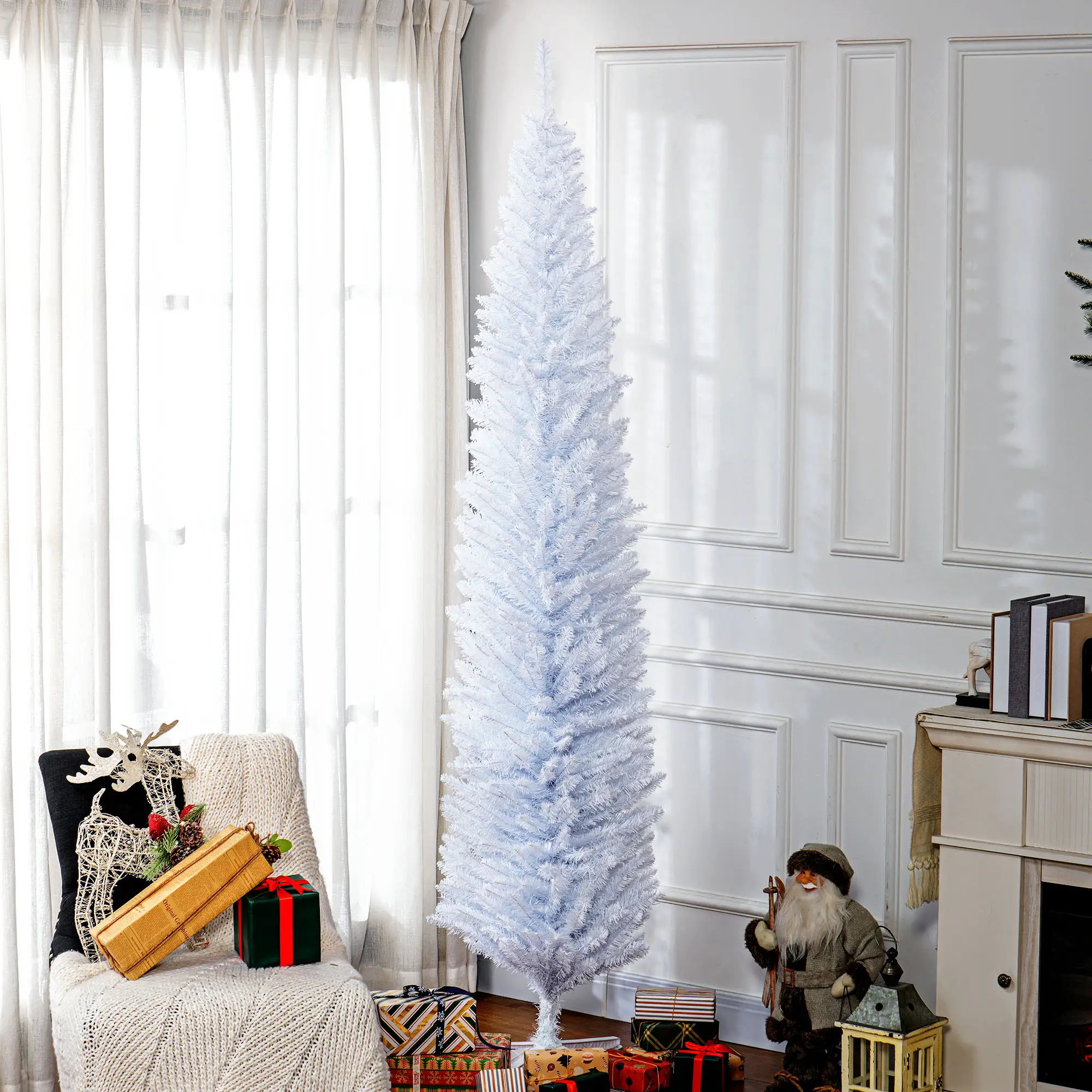 8ft Unlit Pencil Artificial Christmas Tree with Realistic Branches and 618 Tips, Plastic Base, White