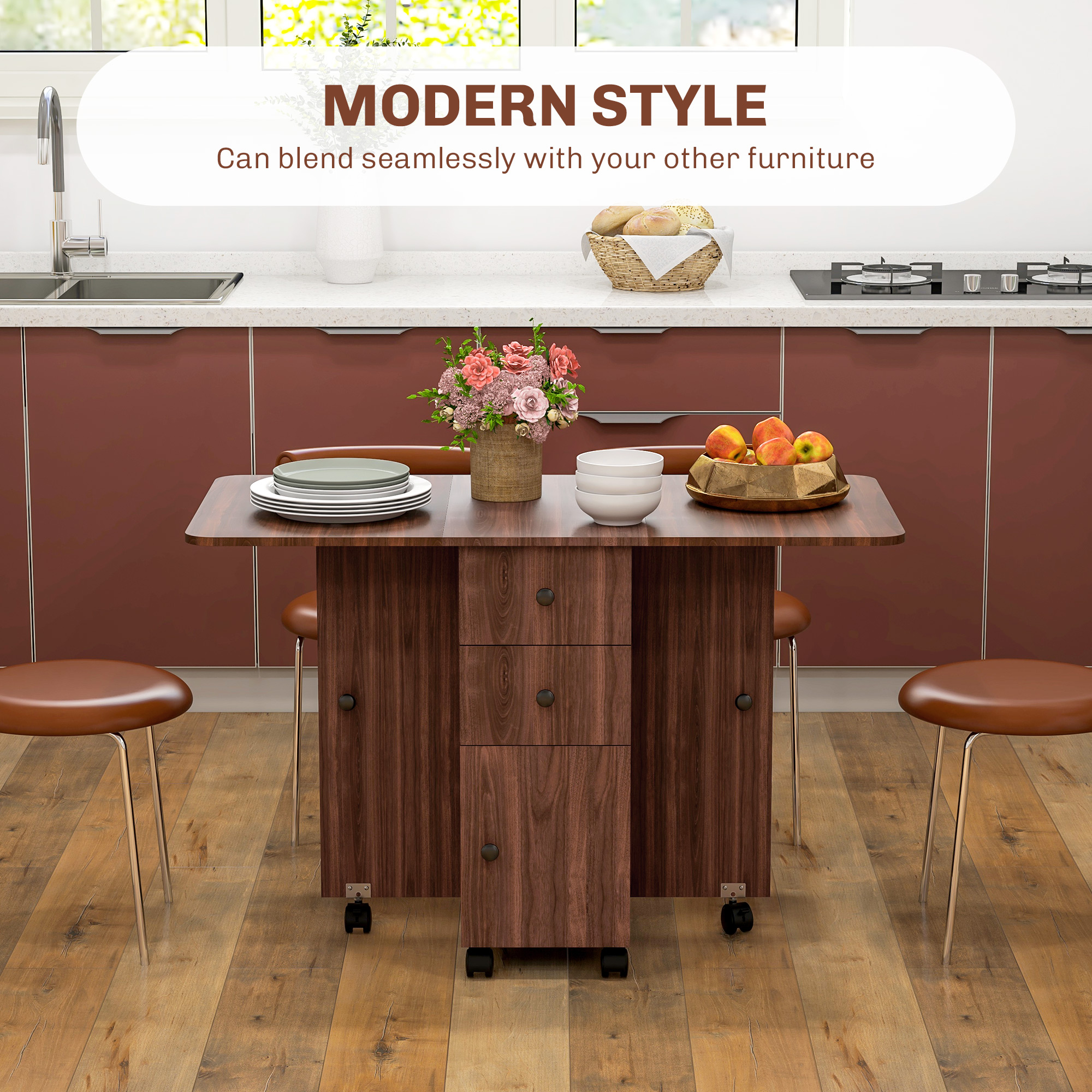 Multi-Storage Six-Person Drop Leaf Dining Table - Distressed Brown — image 2