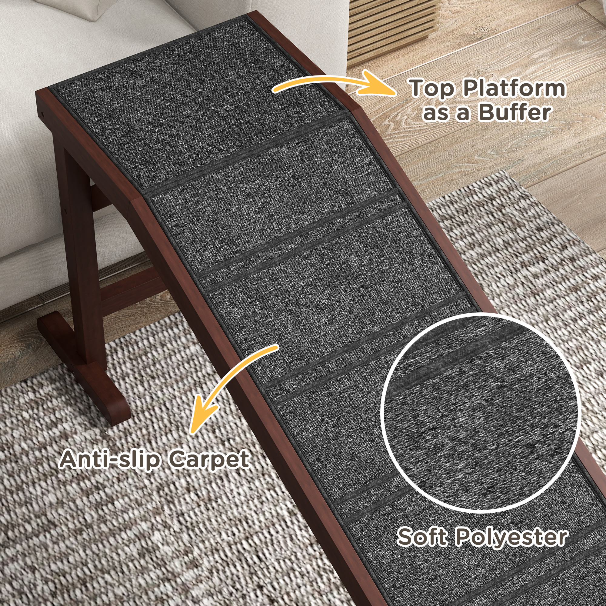  Dog Ramp for Bed, Pet Ramp for Dogs with Non-Slip Carpet and Top Platform, 74" x 16" x 25", Brown