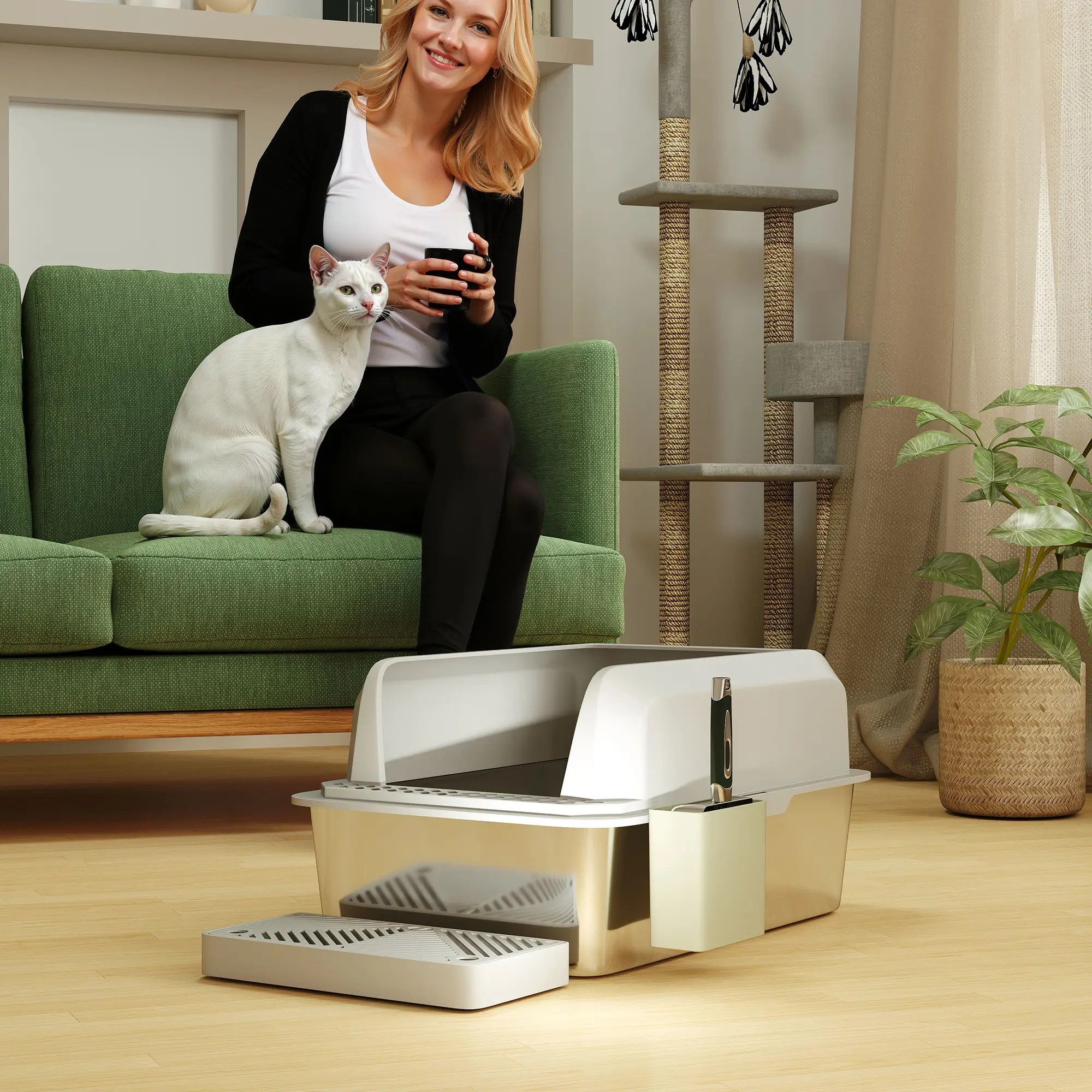 Stainless Steel Litter Box with Metal Scoop & Scoop Holder, High Sided, Anti-Urine Leakage, Non-Sticky