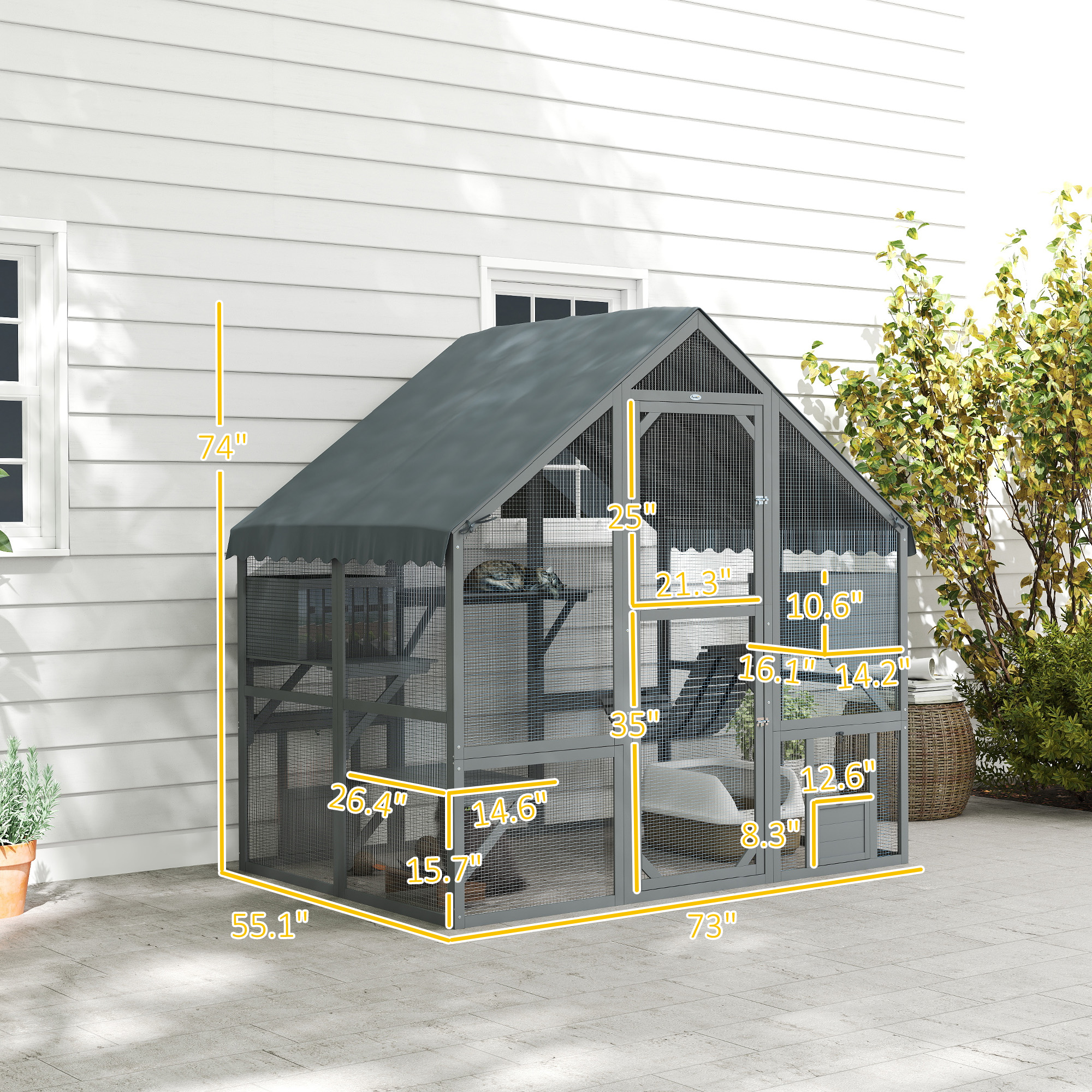  Wooden Catio Outdoor Cat Enclosure with Waterproof Cover, 2 Condos, 4 Platforms, Bridge, Doors, Gray