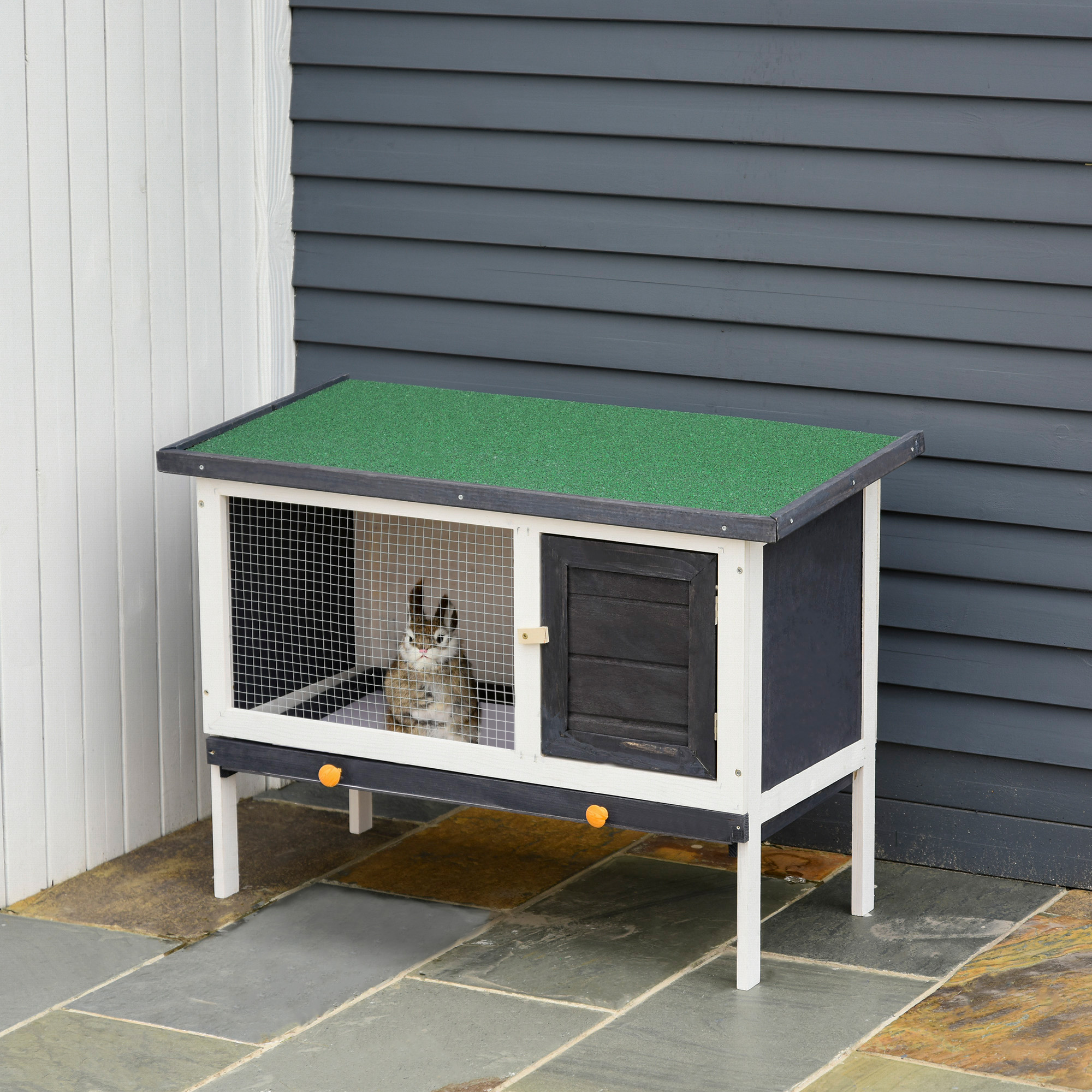  Wooden Rabbit Hutch, Bunny Cage for Small Pet w/ Slide-out Tray, Openable Roof
