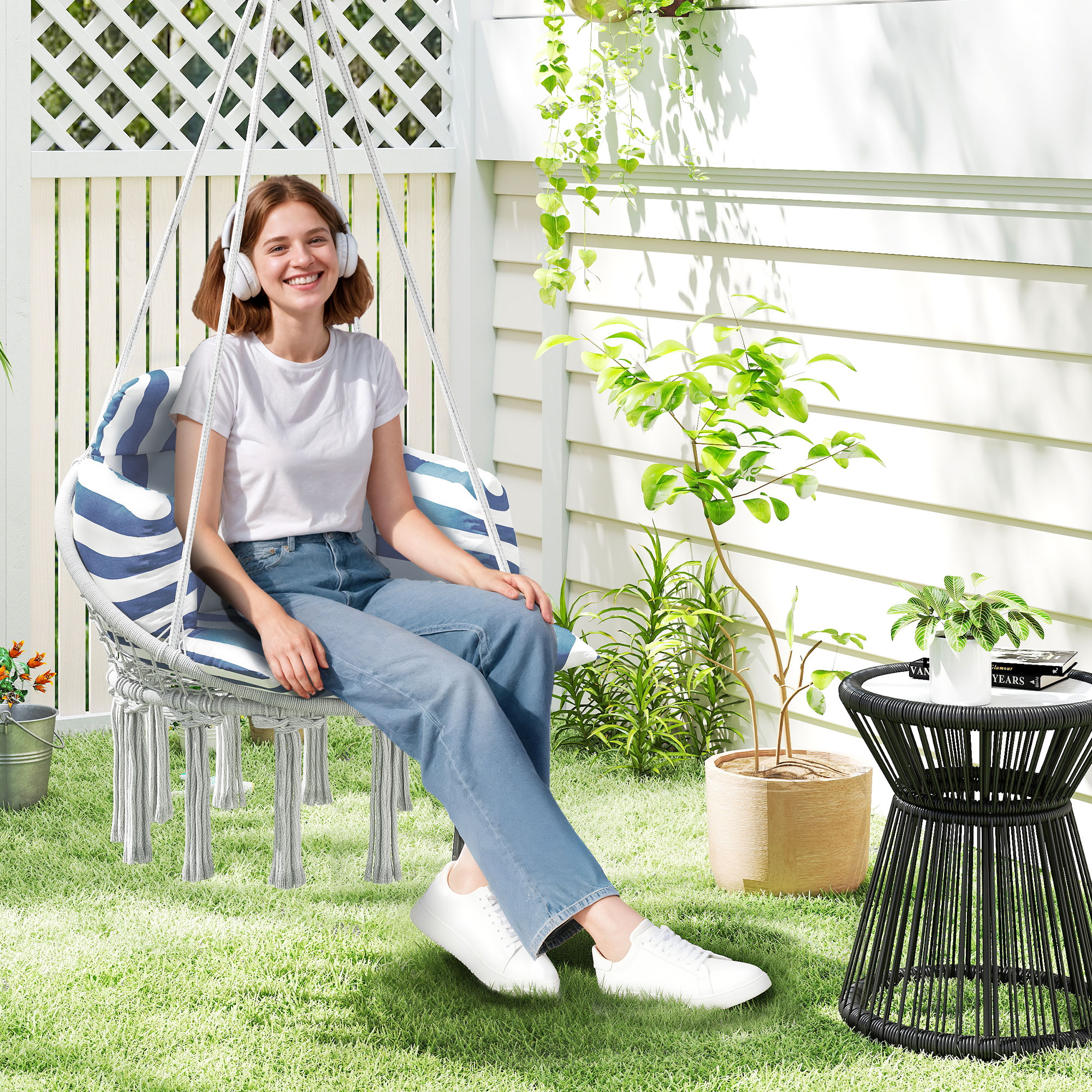 Hammock Swing Chair, Macrame Hanging Chair with Large Cushion, Chain, Steel Frame for Indoor Outdoor Use, Blue and White