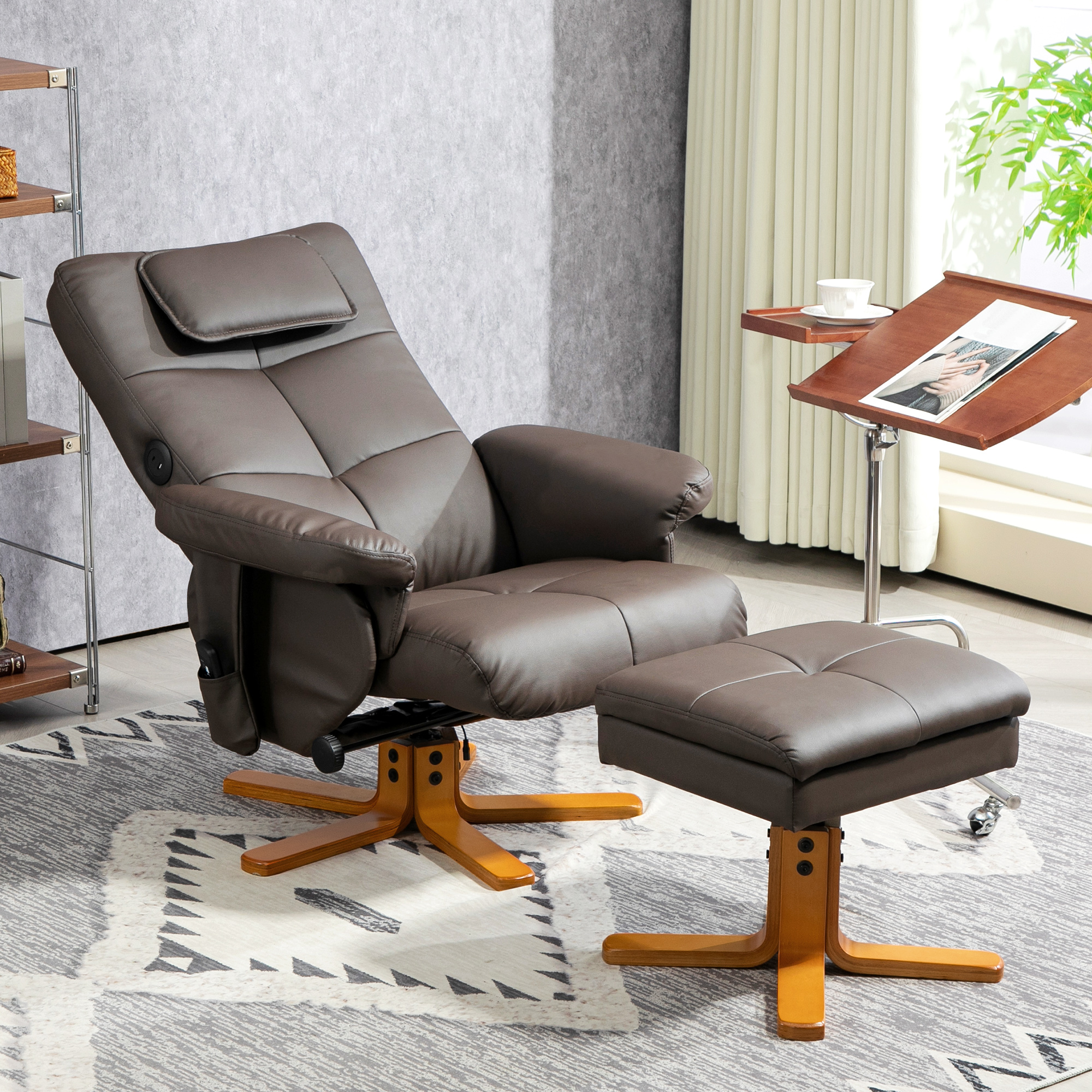 Faux Leather Massage Recliner Chair, With Storage Ottoman - Brown — image 4